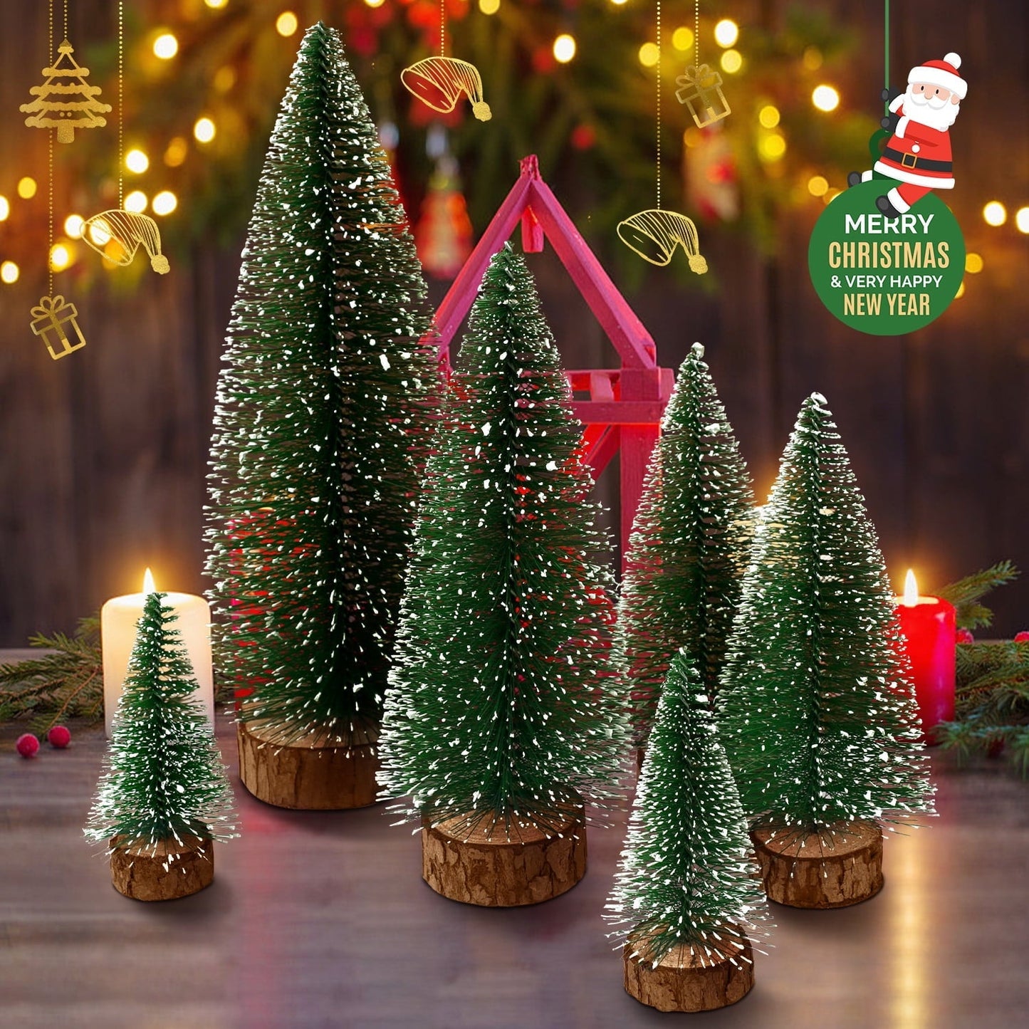 Ayieyill Mini Christmas Trees Decorations - 6pcs Small Bottle Brush Trees, Artificial Tabletop Christmas Tree for Indoor Outdoor Home Room Party