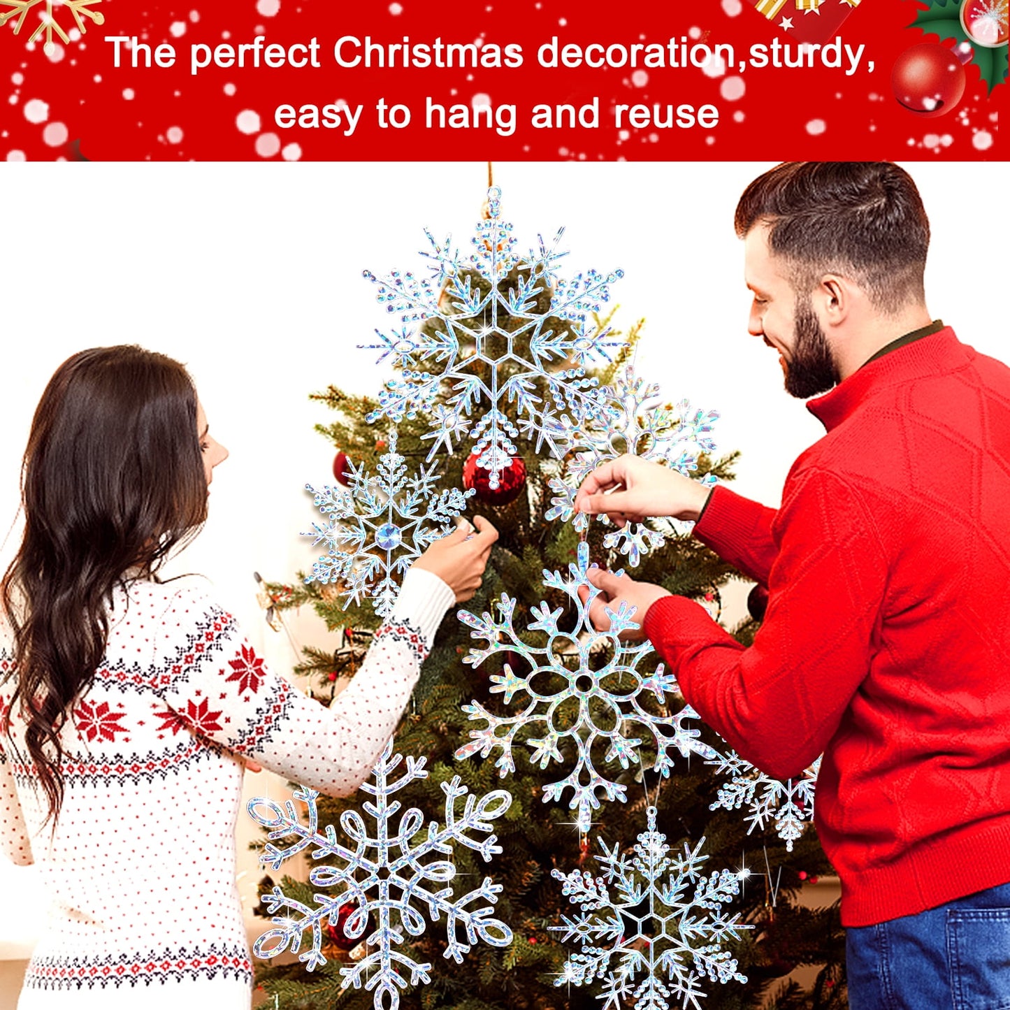 Ayieyill 6pcs Large White Snowflakes Decorations, 12” Big Plastic Glitter Snowflake for Winter Indoor Outdoor Christmas Tree Decorations Giant Craft Snowflakes