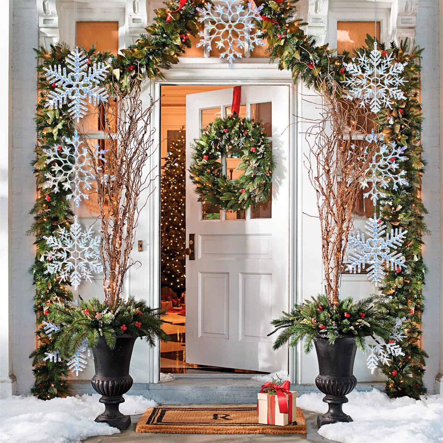 Ayieyill 6pcs Large White Snowflakes Decorations, 12” Big Plastic Glitter Snowflake for Winter Indoor Outdoor Christmas Tree Decorations Giant Craft Snowflakes