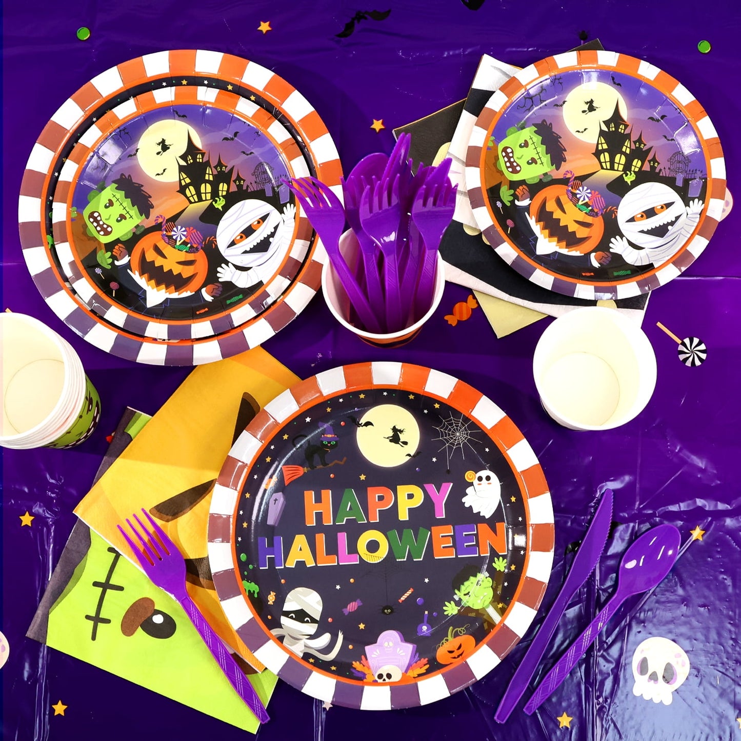 Ayieyill Halloween Party Supplies Set for 24 Guests, 170PCS Halloween Tableware Kit for Party Decoration, Disposable Plates, Cups, Napkins and Tablecloth
