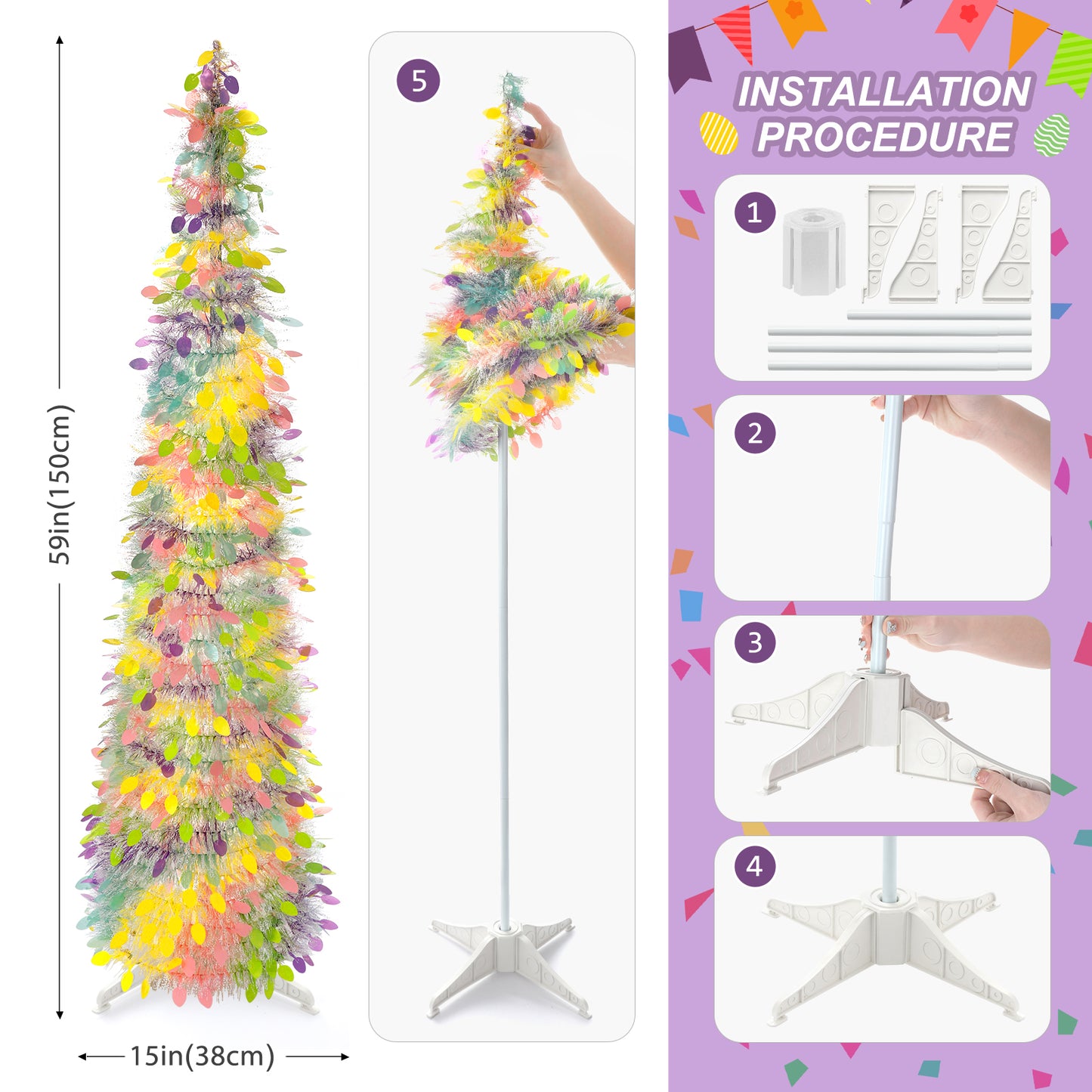 Ayieyill 5 ft Easter Trees Decorations,Tinsel Easter Trees Pop up Artificial Pencil Trees, Collapsible Easter Trees