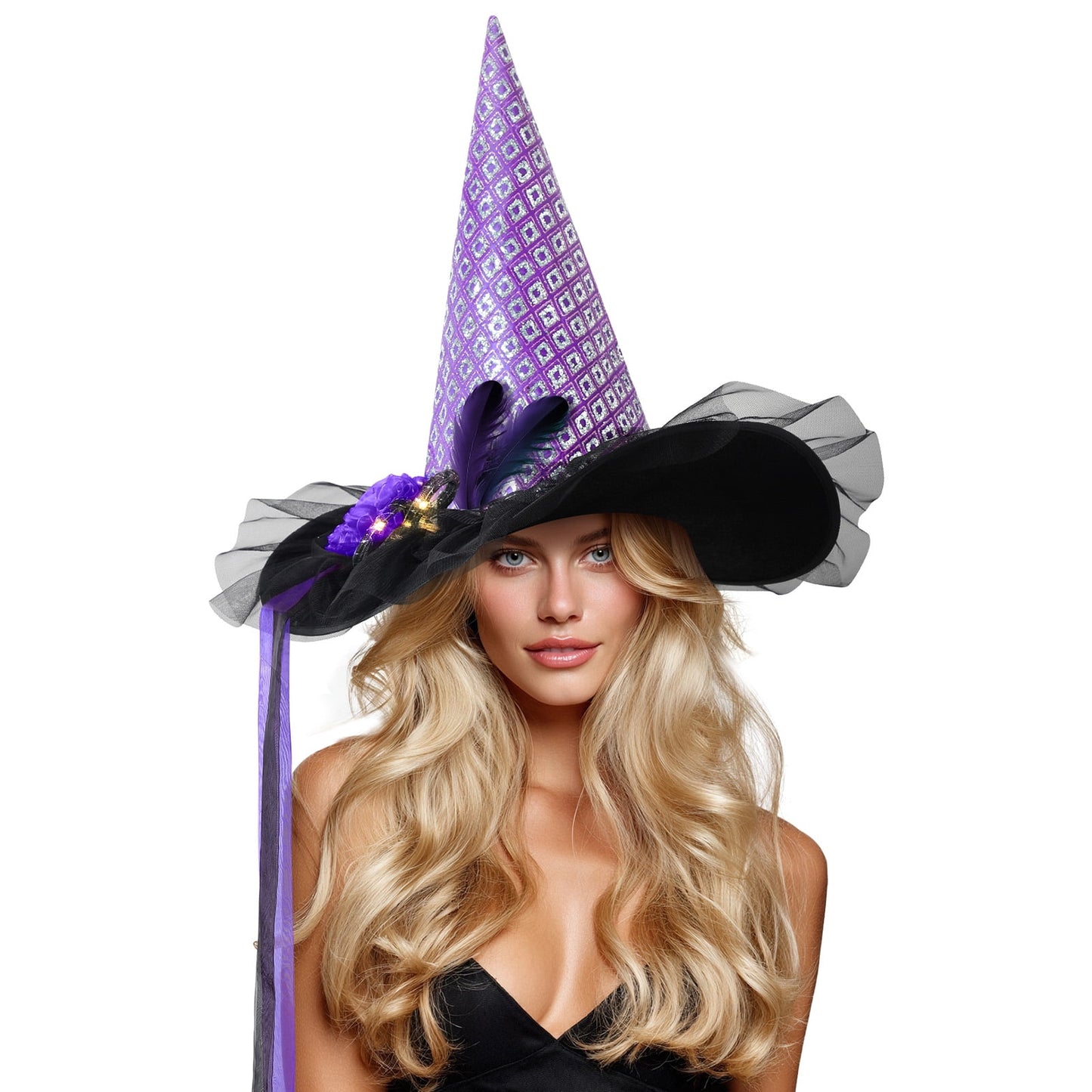 Ayieyill Halloween Witch Hats for Women with Lamp Cosplay Party Halloween Costume Accessory Purple