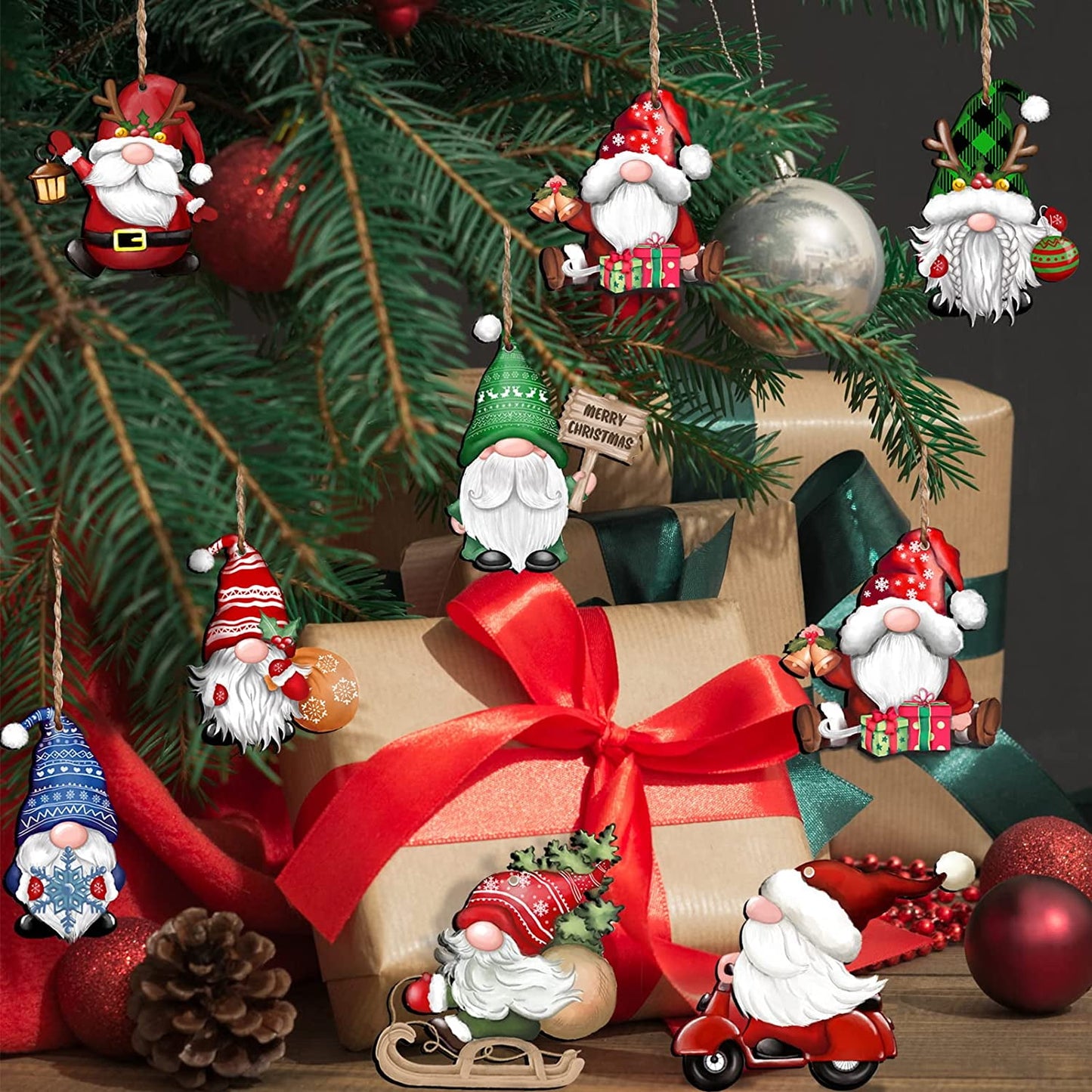Ayieyill 24 Pieces Christmas Wooden Ornaments, Christmas Tree Ornaments Wood Hanging Decor