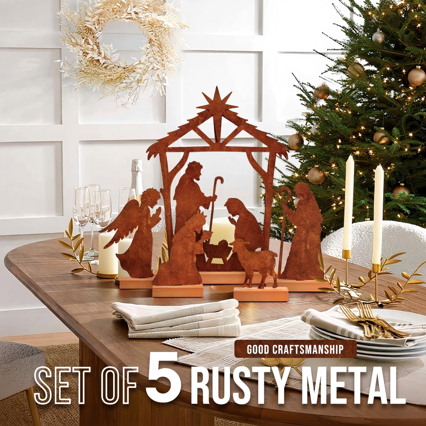 Ayieyill Christmas Tabletop Decorations Indoor, 5pcs Tree and Reindeer Rustic Christmas Decor