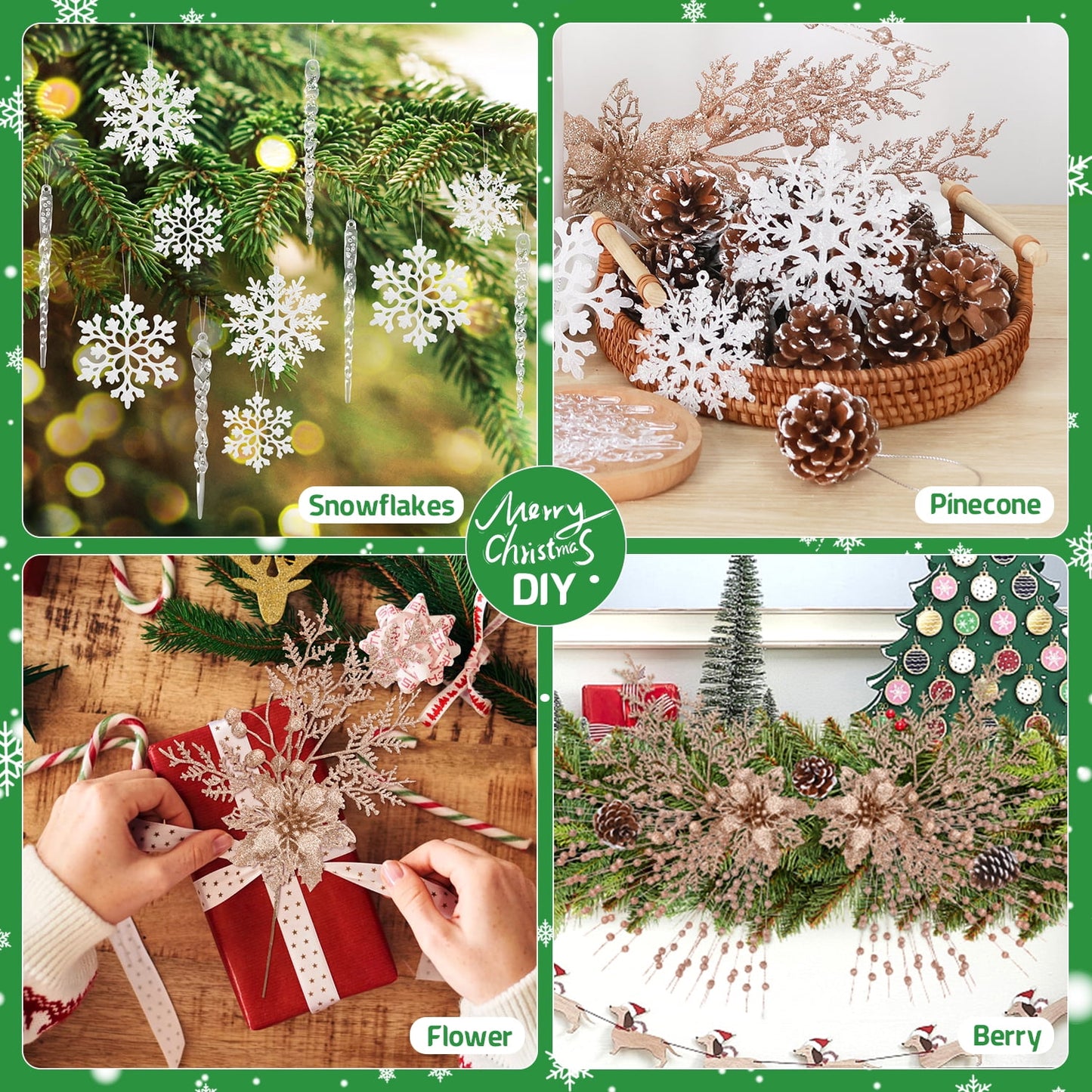 Ayieyill 84Pcs Christmas Tree Decorations Flowers, Artificial Glitter Berry Stems Christmas Pine Cones, Snowflake Icicle Drop Crystal Ornaments