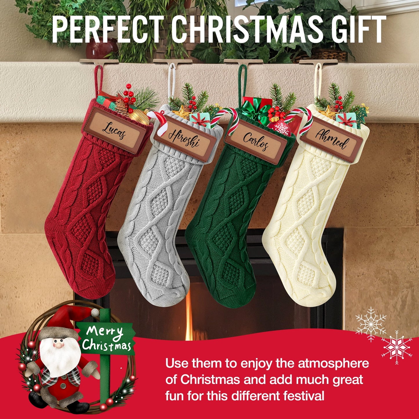 Ayieyill 6Pack Christmas Stockings, 17.7Inches Large Knitted Stocking Personalized Xmas Hanging Stocking Decorations with Name Leather Patches for Holiday Christmas Party Family Decor (Green Red)