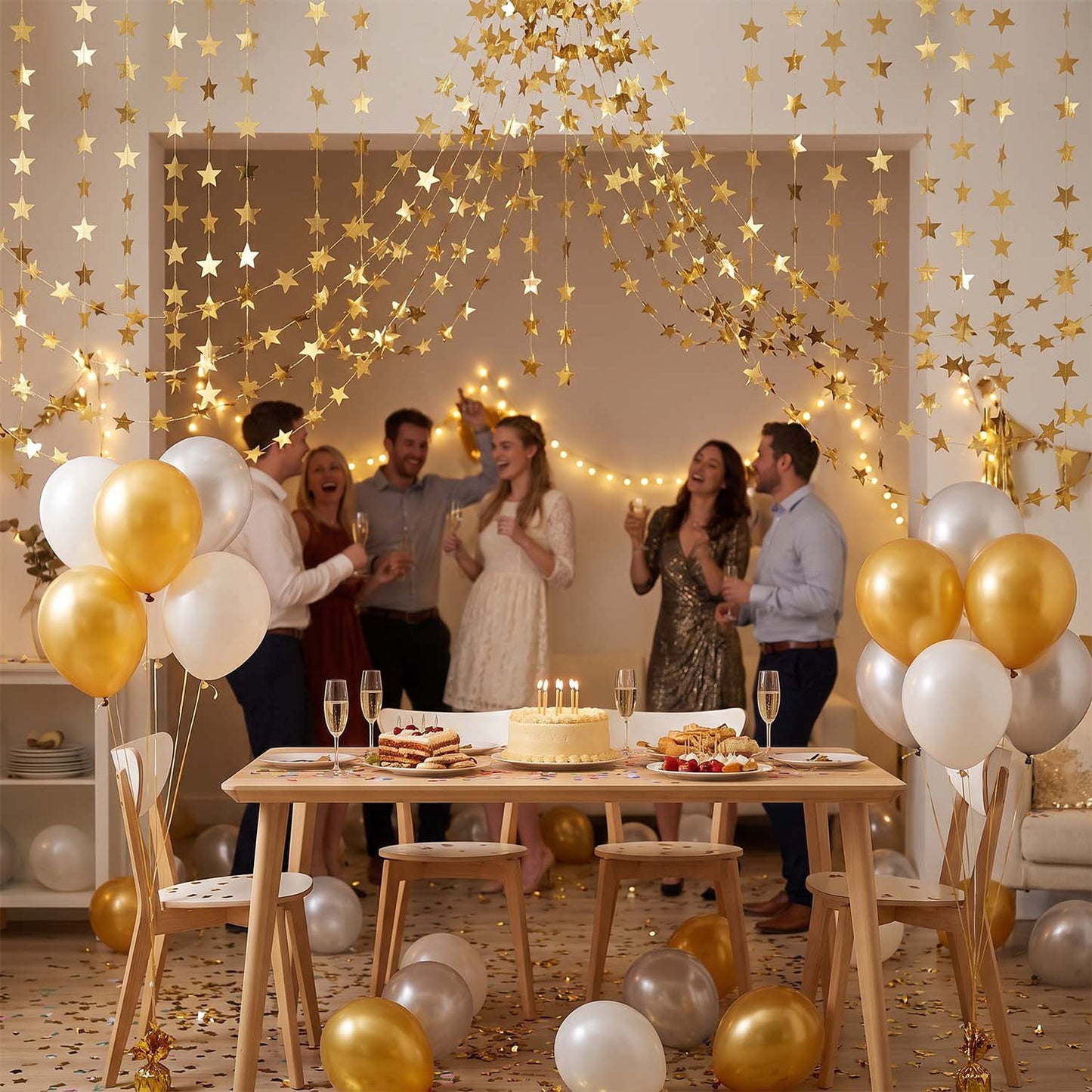 Ayieyill Glittering Gold Star Garland, 130FT Hanging Stars Banner, Star Backdrop, Perfect for Christmas Decorations, Halloween and Graduation Season