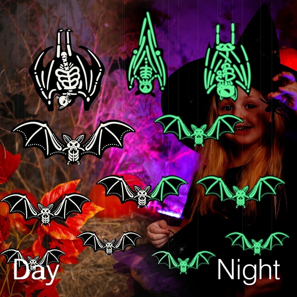Ayieyill Halloween Hanging Bats Decorations Outdoor, 12pcs 3D Glowing Hanging Flying Bat for Hanging in The Tree, Porch, Yard, Lawn