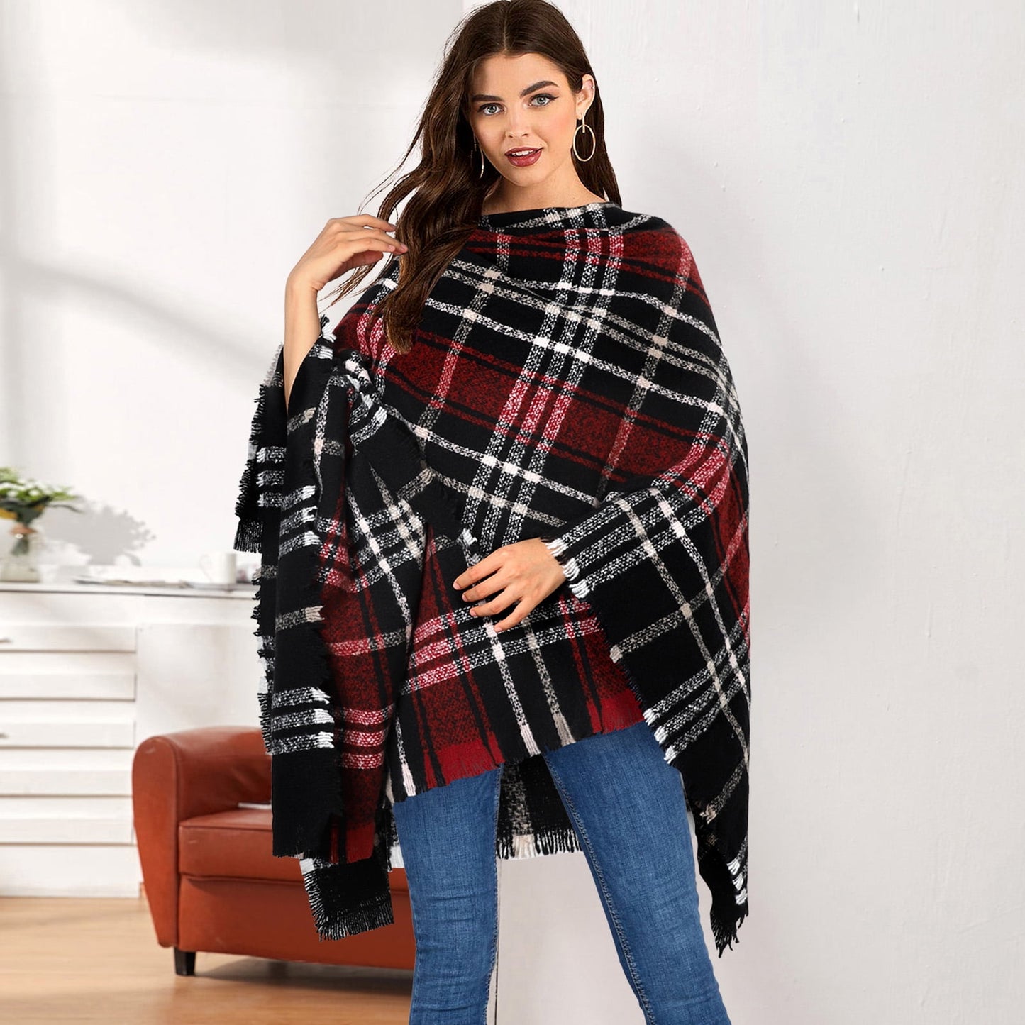 Ayieyill Shawl Wraps for Women Women's Poncho Open Front Boho Knitted Plaid Blanket Scarf Cape