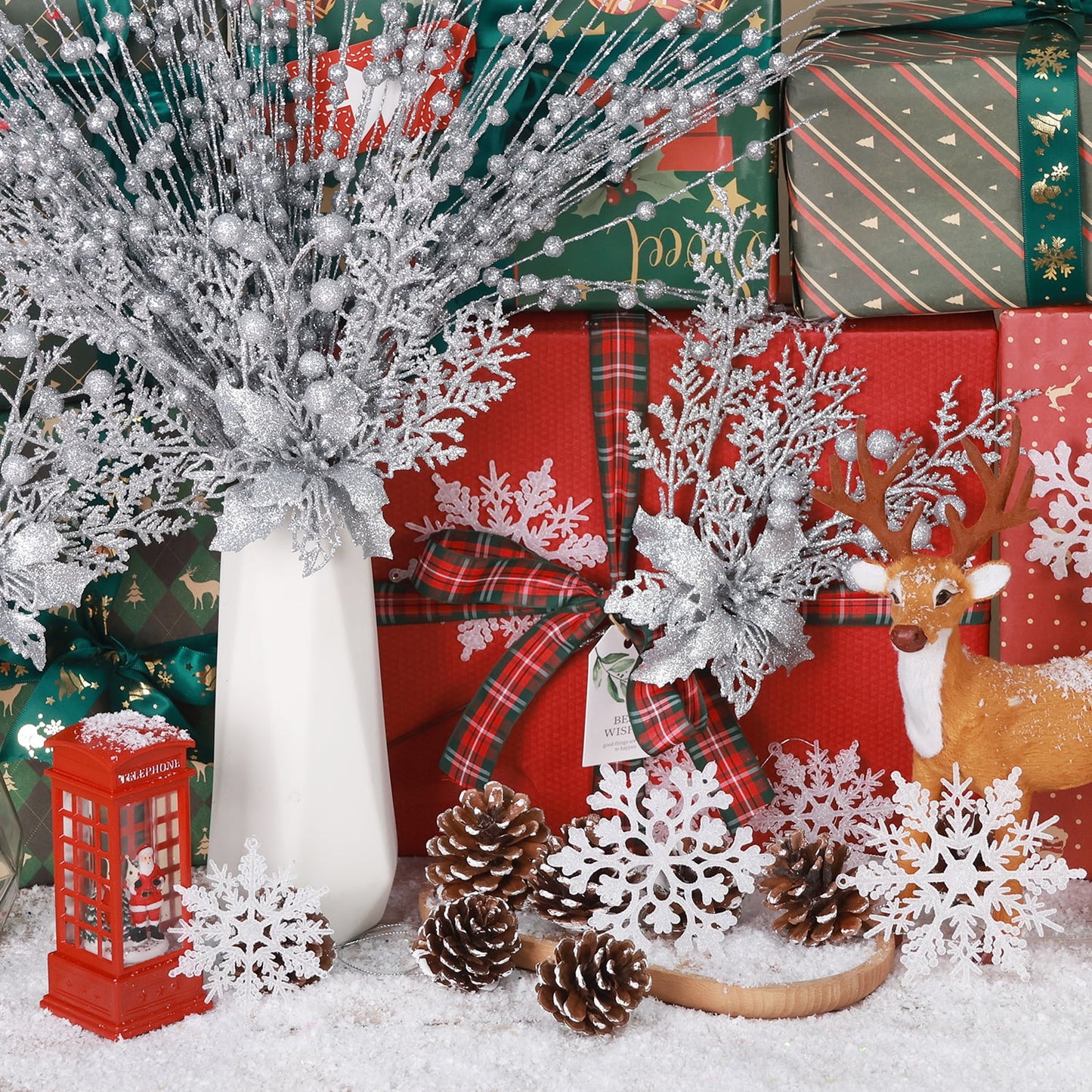 Ayieyill 84Pcs Christmas Tree Decorations Flowers, Artificial Glitter Berry Stems Christmas Pine Cones, Snowflake Icicle Drop Crystal Ornaments