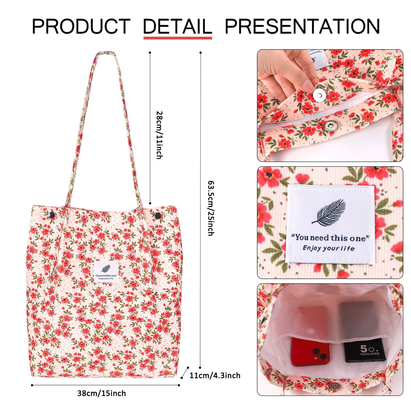 Ayieyill Corduroy Tote Bag Large for Women Girl Lady Canvas Shoulder Cord Purse and Handbags with Inner Pocket