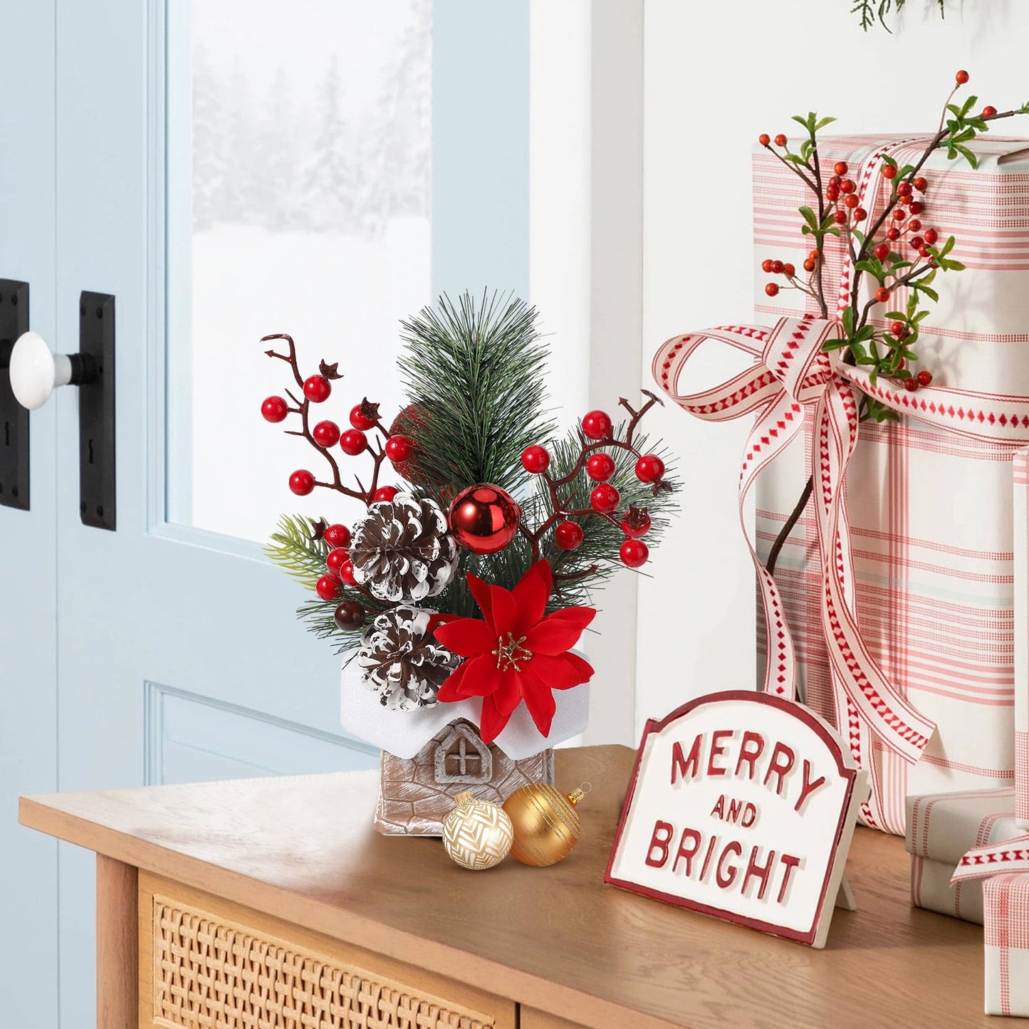 Ayieyill Small Christmas Tree, Artificial Mini Tabletop Christmas Tree Decorations with Christmas Ornaments