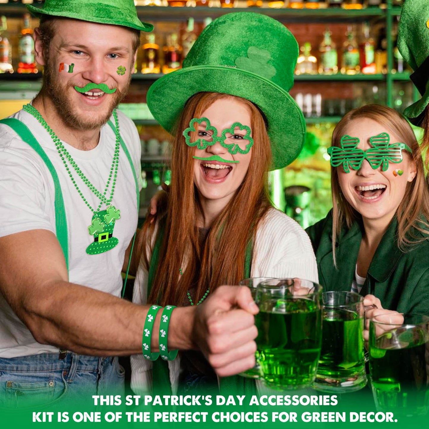 Ayieyill 196 Pcs St. Patrick's Day Party Favors Set, Green Shamrock Necklaces Sunglasses, Bracelets Temporary Tattoos Mustaches Coins