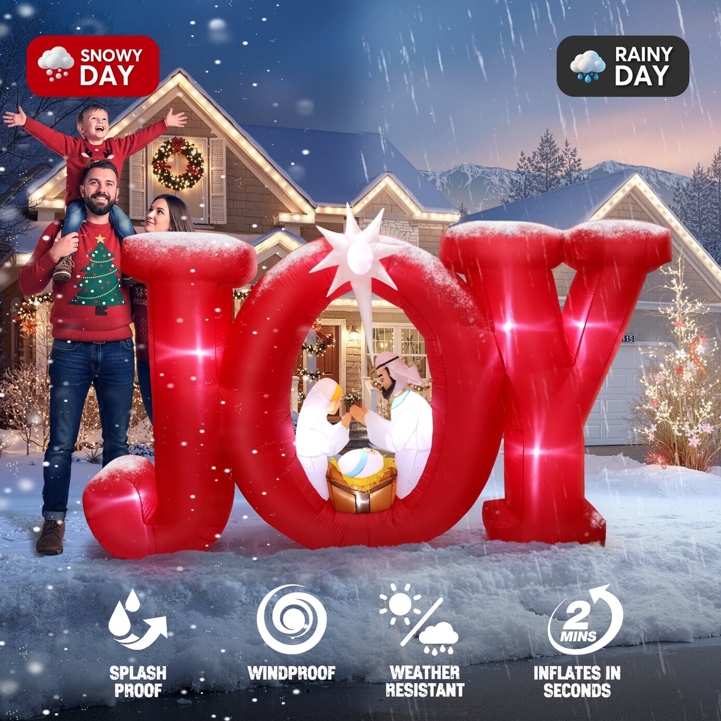 Ayieyill 8FT Inflatables Christmas Outdoor Decoration, Joy Christmas Nativity Decoration with LED, Christmas Blow up Yard Decorations- Red/White