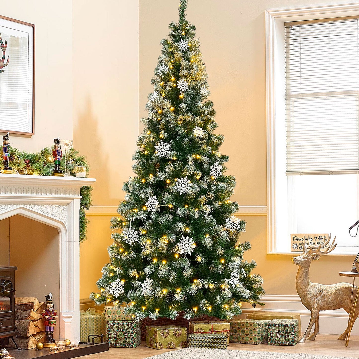 Ayieyill 7.5 ft Pre-Lit Artificial Christmas Tree with 1000 Snow Sprayed Tips 300 LED Lights 36 Snowflakes Ornaments
