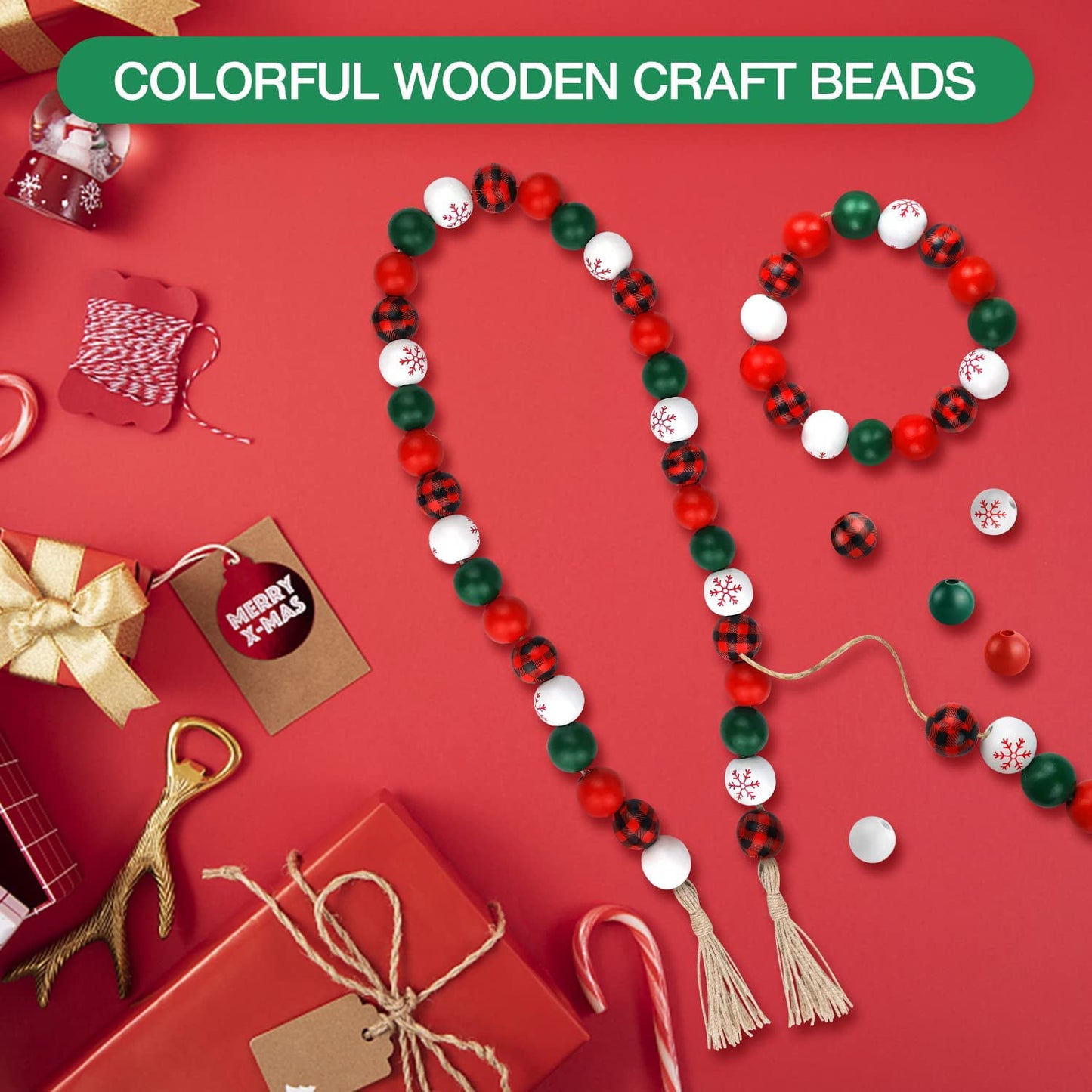 Ayieyill 210 Pcs Christmas Wooden Beads Red Green Buffalo Plaid Wood Bead