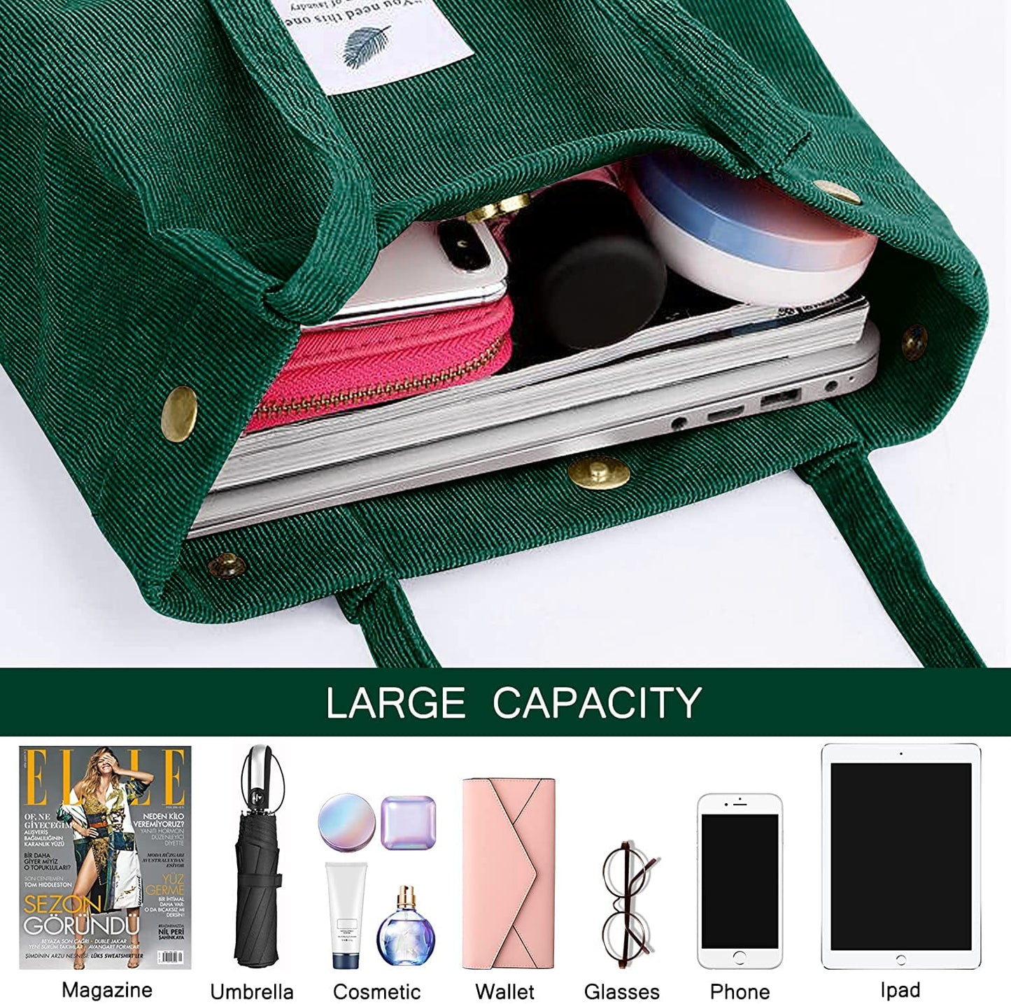 Ayieyill Corduroy Tote Bag Large for Women Girl Lady Canvas Shoulder Cord Purse and Handbags with Inner Pocket