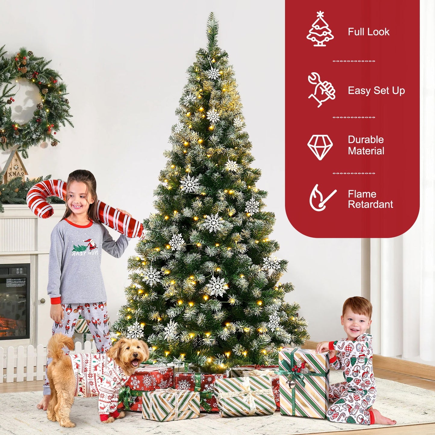 Ayieyill 7.5 ft Pre-Lit Artificial Christmas Tree with 1000 Snow Sprayed Tips 300 LED Lights 36 Snowflakes Ornaments