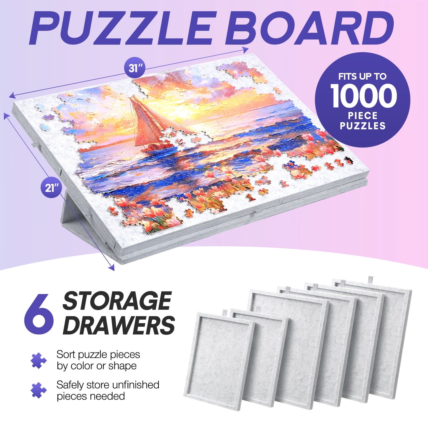 Ayieyill 1000 Piece Rotating Puzzle Board with Drawers and Cover,21"x31"Portable Felt Jigsaw Puzzle Table for Adults Portable,Lazy Susan Spinning Puzzle Boards Birthday Gift for Mom