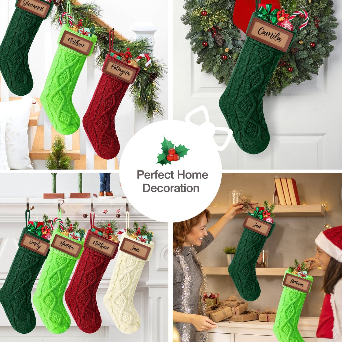 Ayieyill 6Pack Christmas Stockings, 17.7Inches Large Knitted Stocking Personalized Xmas Hanging Stocking Decorations with Name Leather Patches for Holiday Christmas Party Family Decor (Green Red)