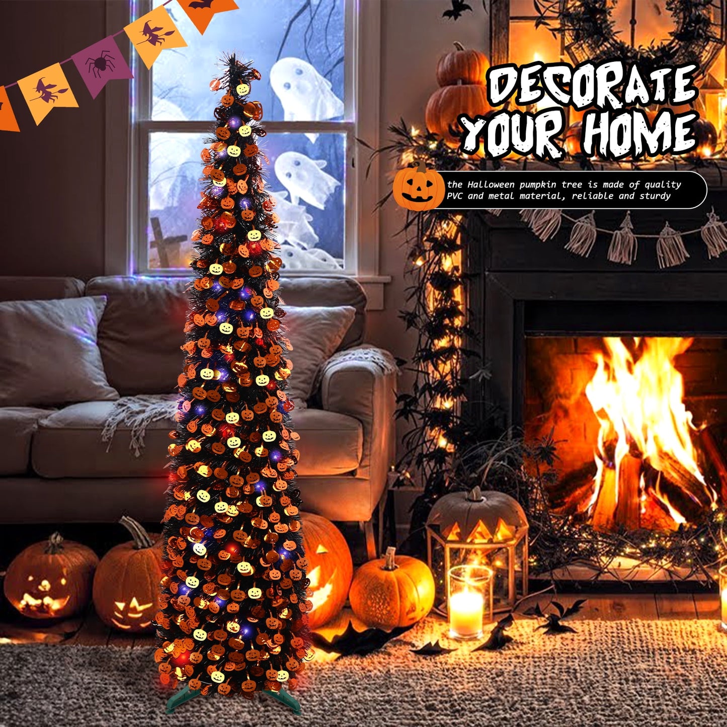 Ayieyill 5ft Halloween Tree Prelit, Pencil Pop up Tree with Light Halloween Decoration | Indoor