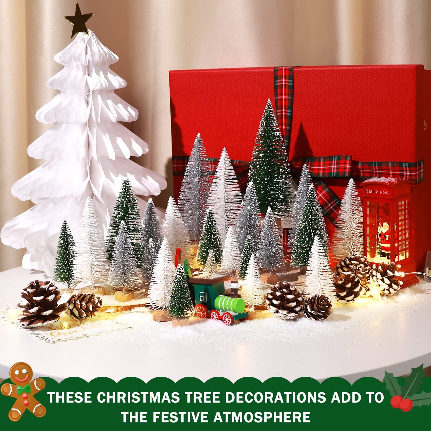 Ayieyill 35Pcs Mini Christmas Trees Bottle Brush Trees with Pine Cone Snow Powder, Christmas Village Sets