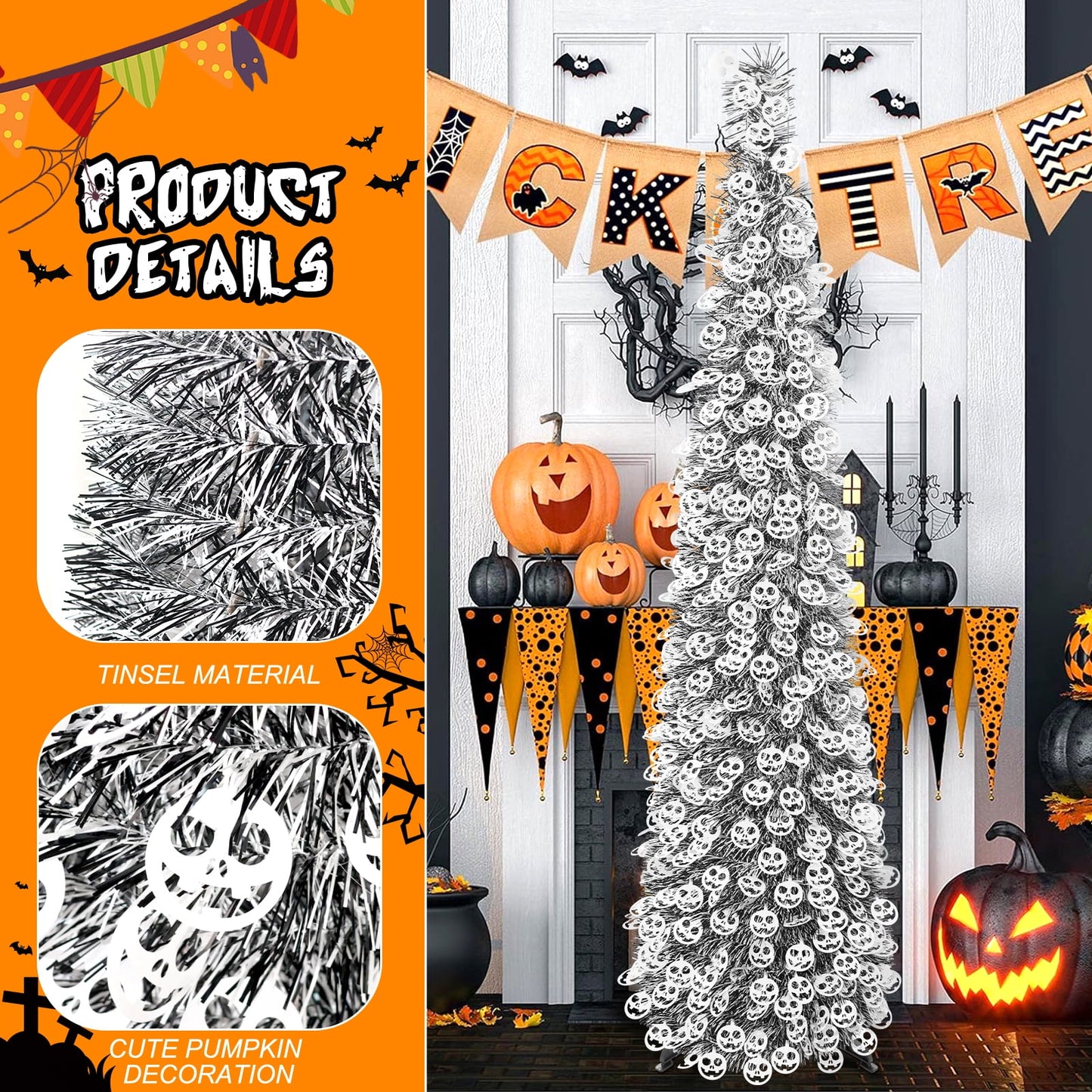 Ayieyill 5ft Halloween Tree Prelit, Pencil Pop up Tree with Light Halloween Decoration | Indoor