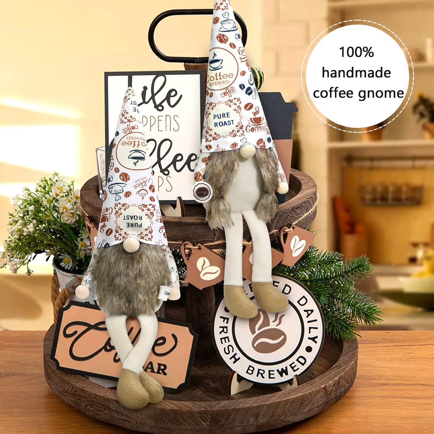 Ayieyill 2 Pcs Coffee Gnomes , Gnomes Plush Coffee Bar Decor, Handmade Swedish Gifts Figurines Plush Coffee Table Gnome Decoration (Brown)