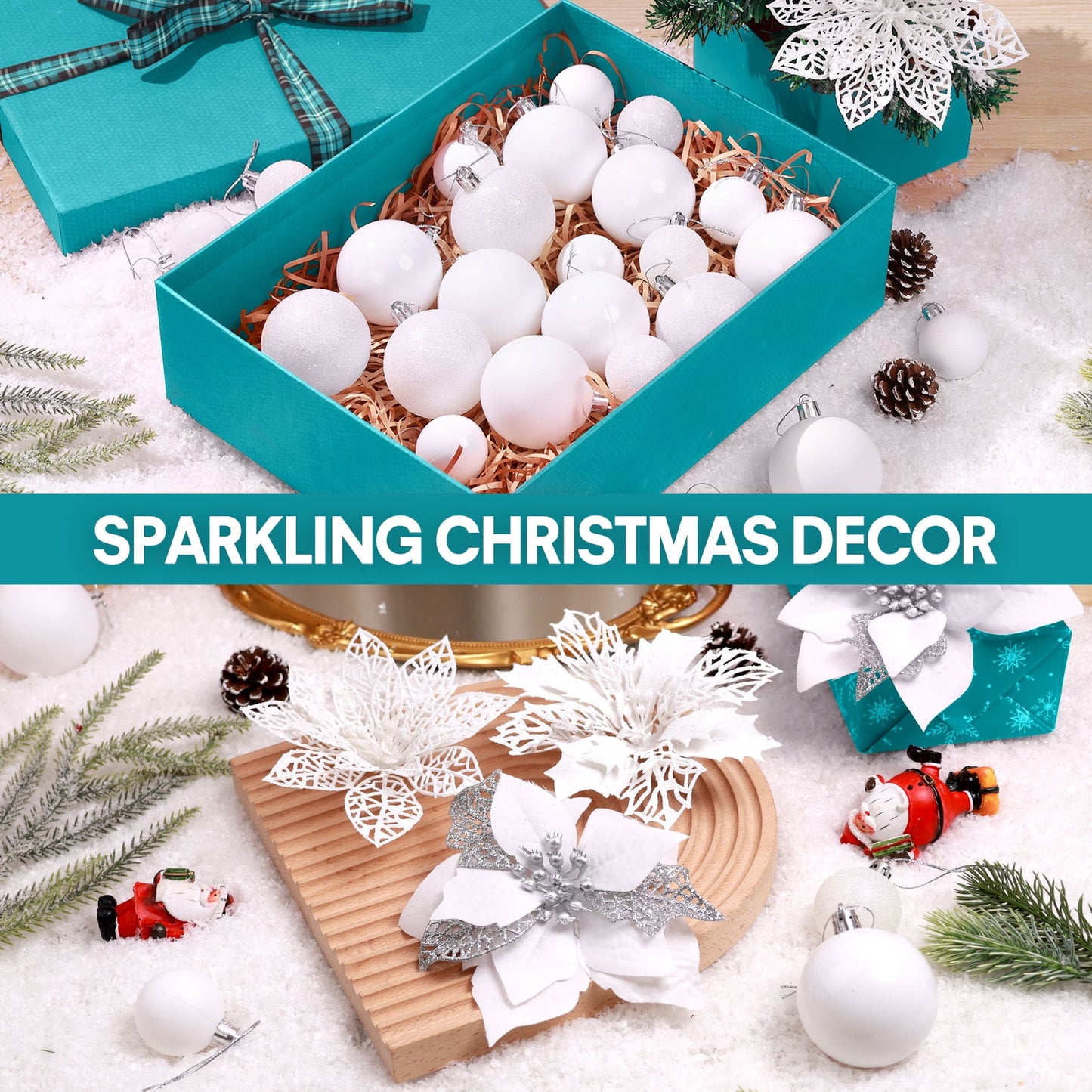 Ayieyill 92Pcs Christmas Tree Decorations Includes Poinsettia Christmas Flowers, Ball Ornaments, Artificial Glitter Berry Stems, Snowflake and Icicle Drop Crystal Ornaments