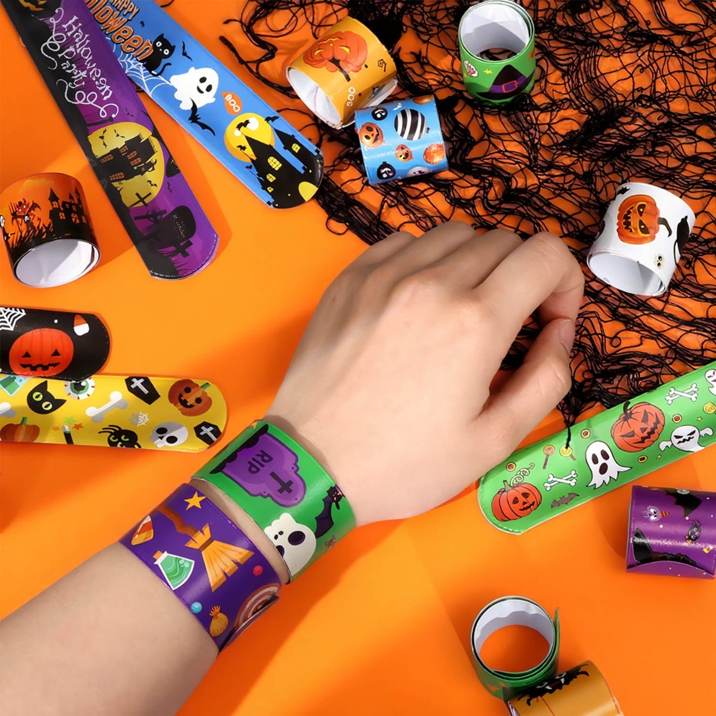 Ayieyill 36 PCS Halloween Slap Bracelets for Kids, Halloween Bracelets Bulk for Girls Boys, Kids Halloween Toys for Halloween Party Favors