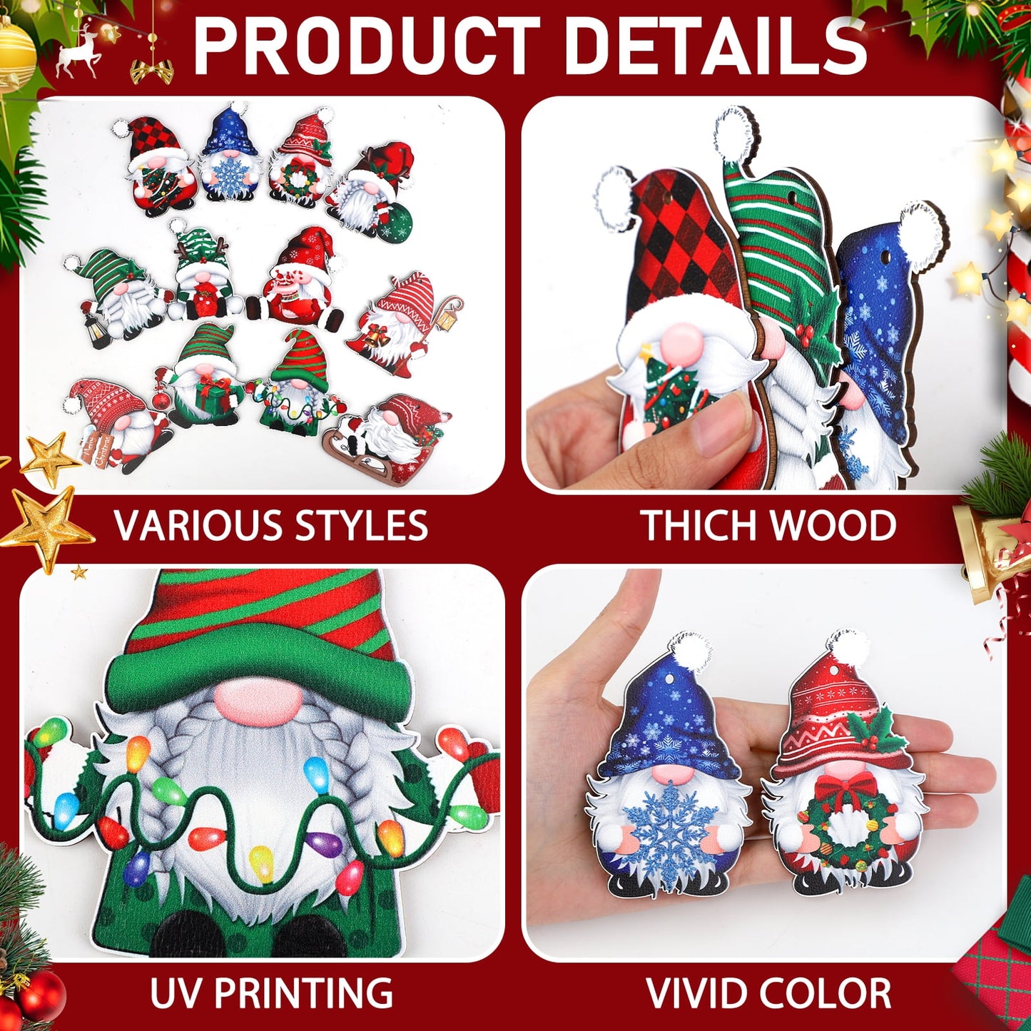 Ayieyill 24 Pieces Christmas Wooden Ornaments, Christmas Tree Ornaments Wood Hanging Decor