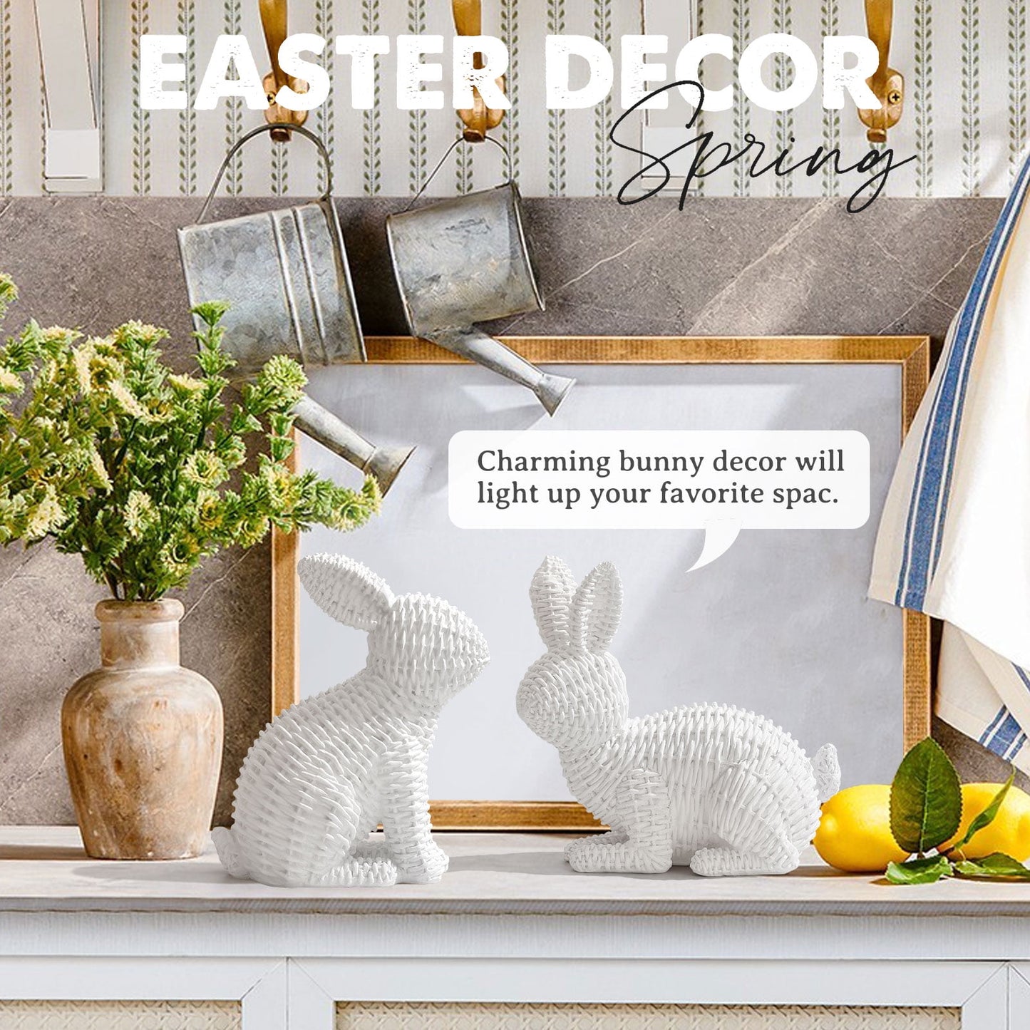 Ayieyill 2 Pcs Easter Rabbit Decor, Easter Rattan Bunny Resin Ornaments for Home Courtyard Tabletop to Enhance The Easter Atmosphere