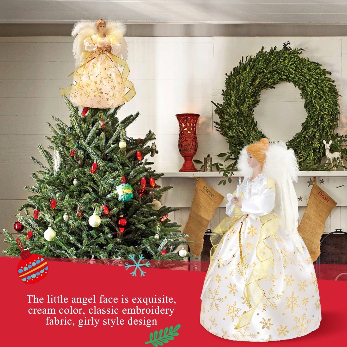 Ayieyill  Angel Treetop, 9-Inch,Lighted Silver Angel with Wings Christmas Tree Topper