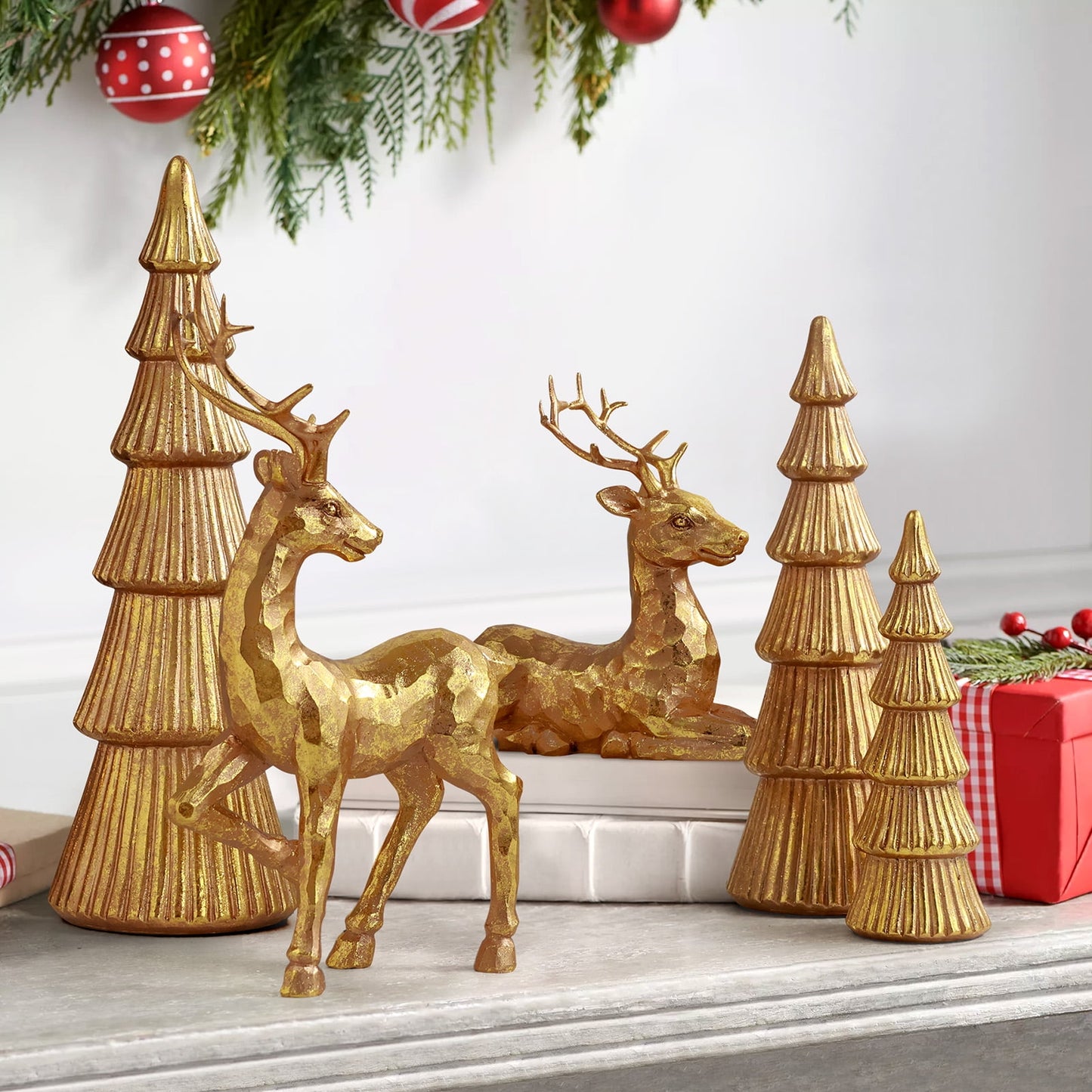 Ayieyill 5PCS Christmas Tree Resin Reindeer Figurines, Tree and Deer Christmas Decor, Deer Decorative Statues Resting Lucky Deer Sculptures(Rose Gold)