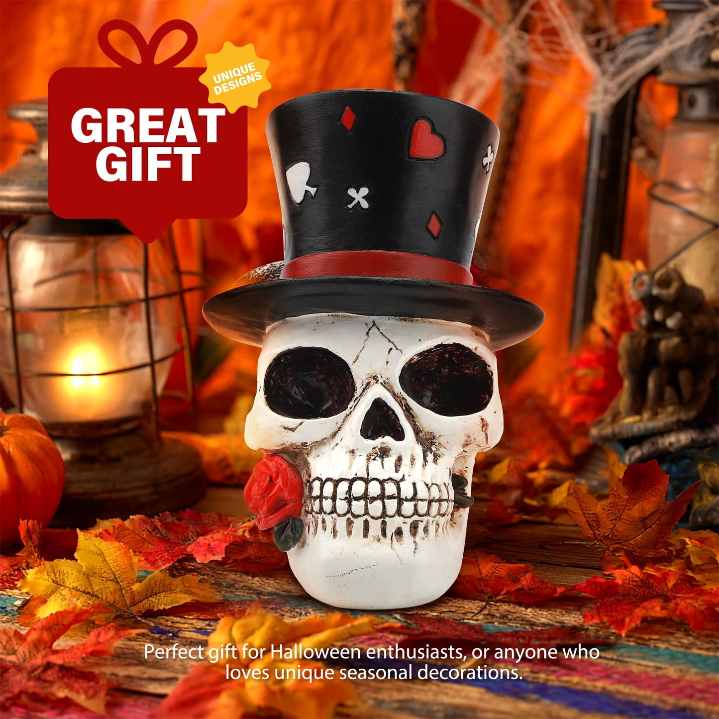 Ayieyill Halloween Skull Decorations Indoor, Gothic Decor Skull  with Top Hat Rose and Playing Cards, Resin Skull Head Decor