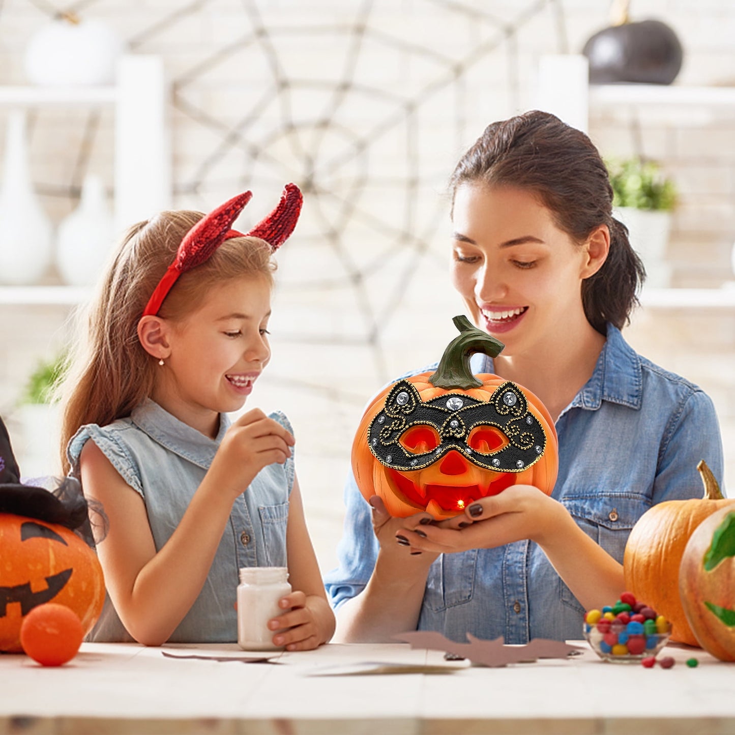 Ayieyill Halloween Pumpkin Decorations Light Up Pumpkin Figurine with Mask Halloween Decor for Home, Red