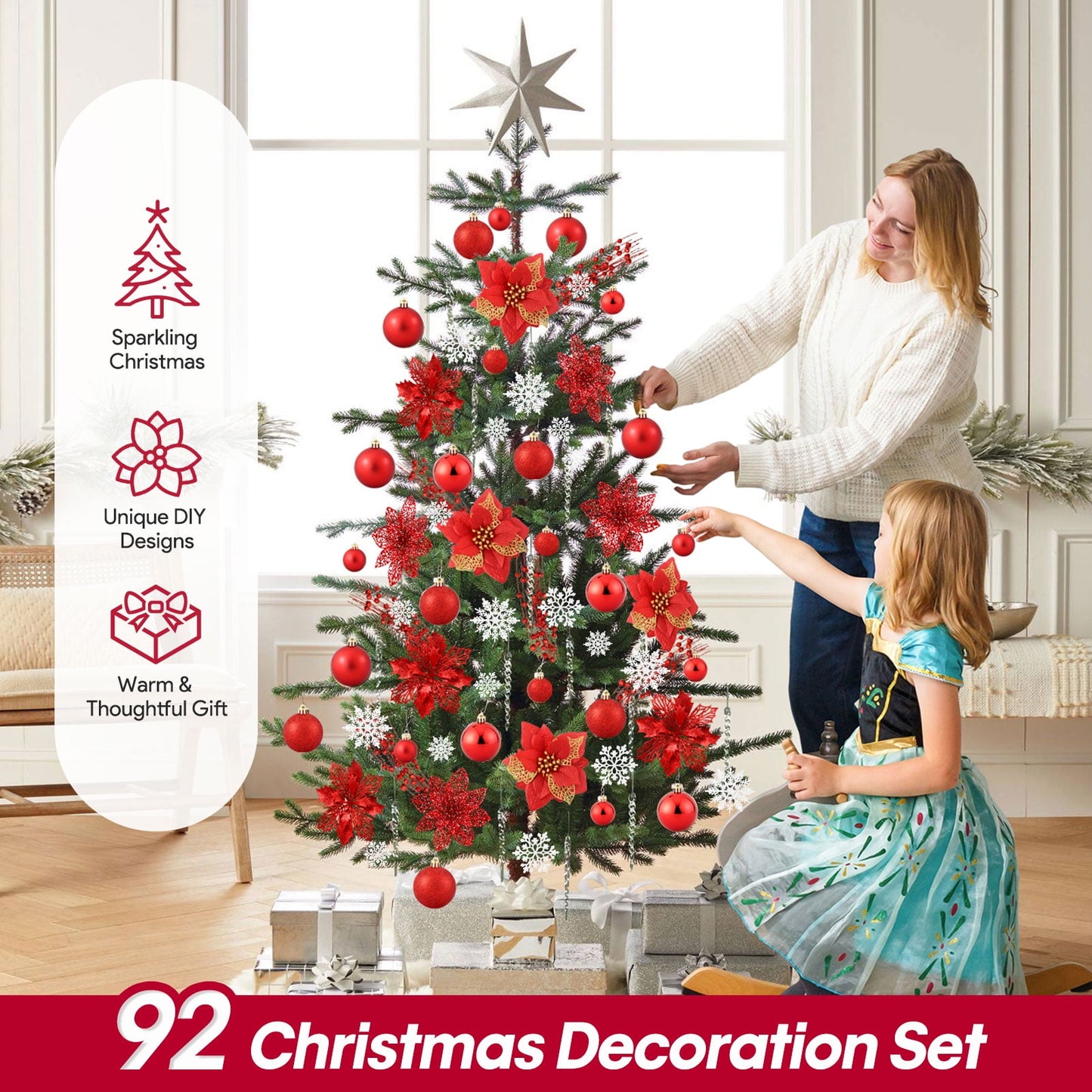 Ayieyill 92Pcs Christmas Tree Decorations Includes Poinsettia Christmas Flowers, Ball Ornaments, Artificial Glitter Berry Stems, Snowflake and Icicle Drop Crystal Ornaments