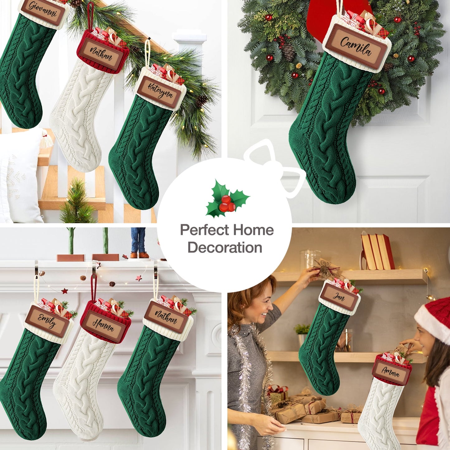 Ayieyill 6Pack Christmas Stockings, 17.7Inches Large Knitted Stocking Personalized Xmas Hanging Stocking Decorations with Name Leather Patches for Holiday Christmas Party Family Decor (Green Red)
