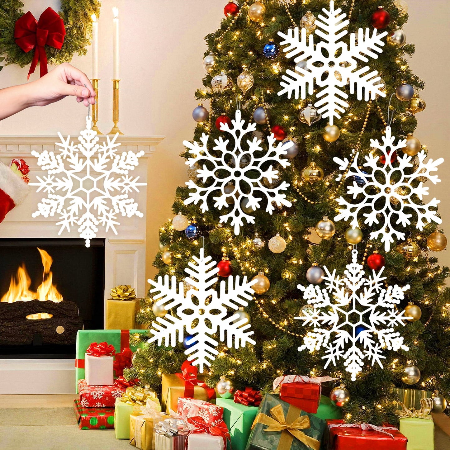 Ayieyill 6pcs Large White Snowflakes Decorations, 12” Big Plastic Glitter Snowflake for Winter Indoor Outdoor Christmas Tree Decorations Giant Craft Snowflakes