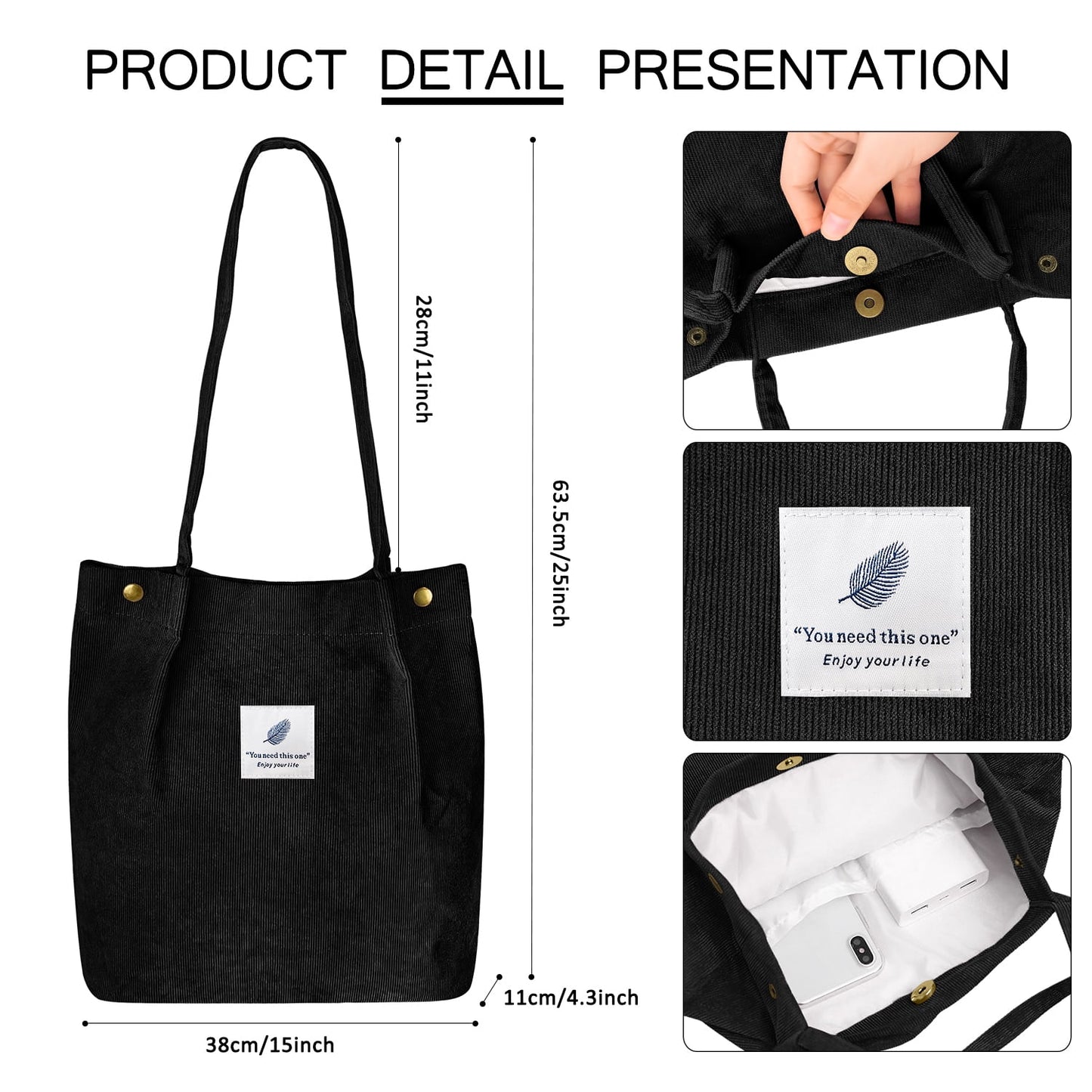 Ayieyill Corduroy Tote Bag Large for Women Girl Lady Canvas Shoulder Cord Purse and Handbags with Inner Pocket