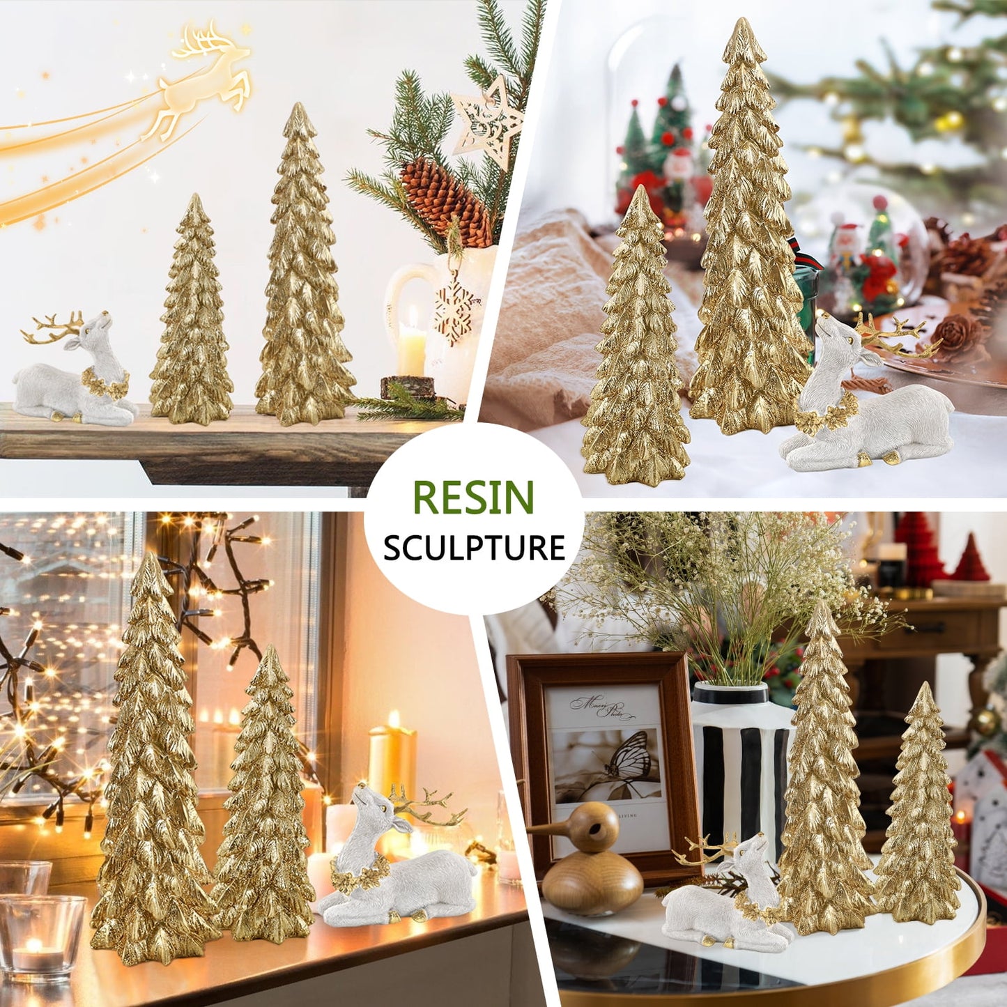 Ayieyill 3Pcs Resin Christmas Tree and Reindeer Decortion, Small Christmas Decorative Figurine Set, Christmas Tabletop Decorations Indoor