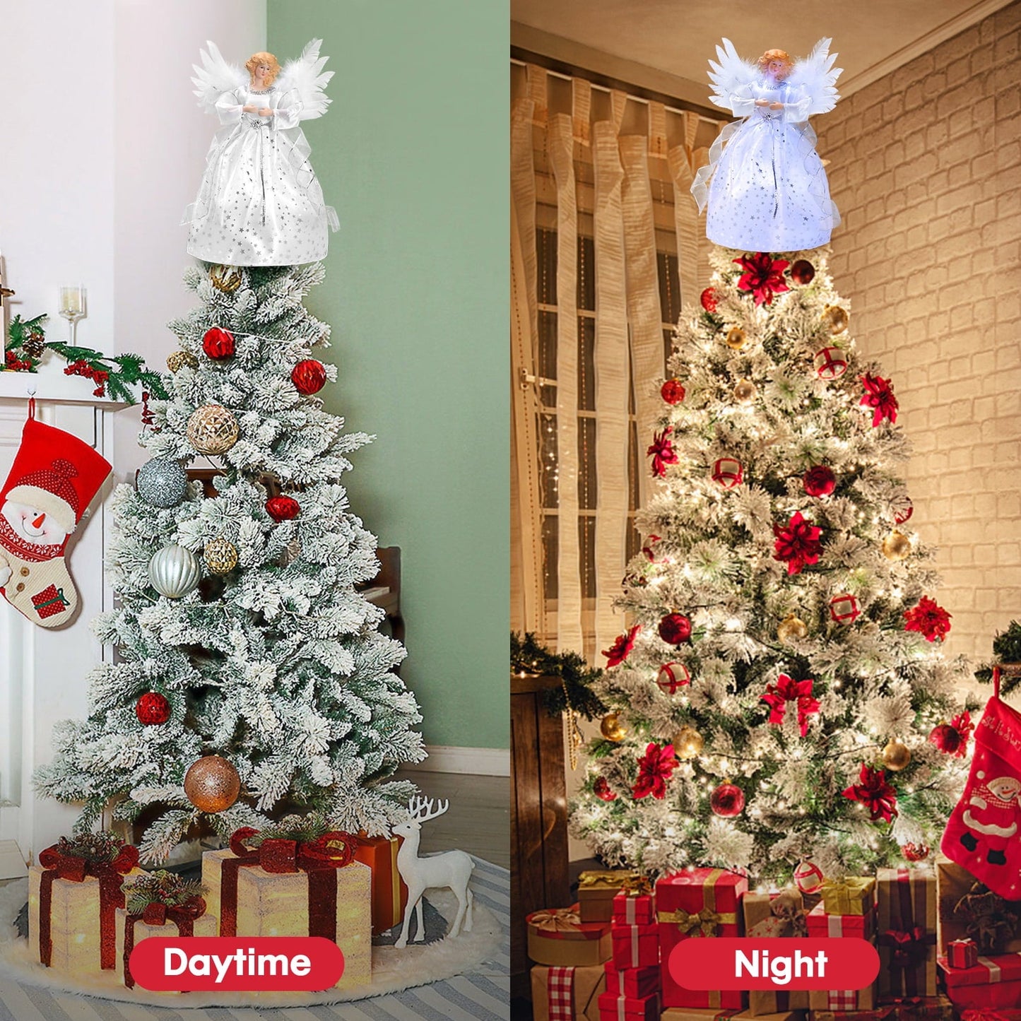 Ayieyill  Angel Treetop, 9-Inch,Lighted Silver Angel with Wings Christmas Tree Topper
