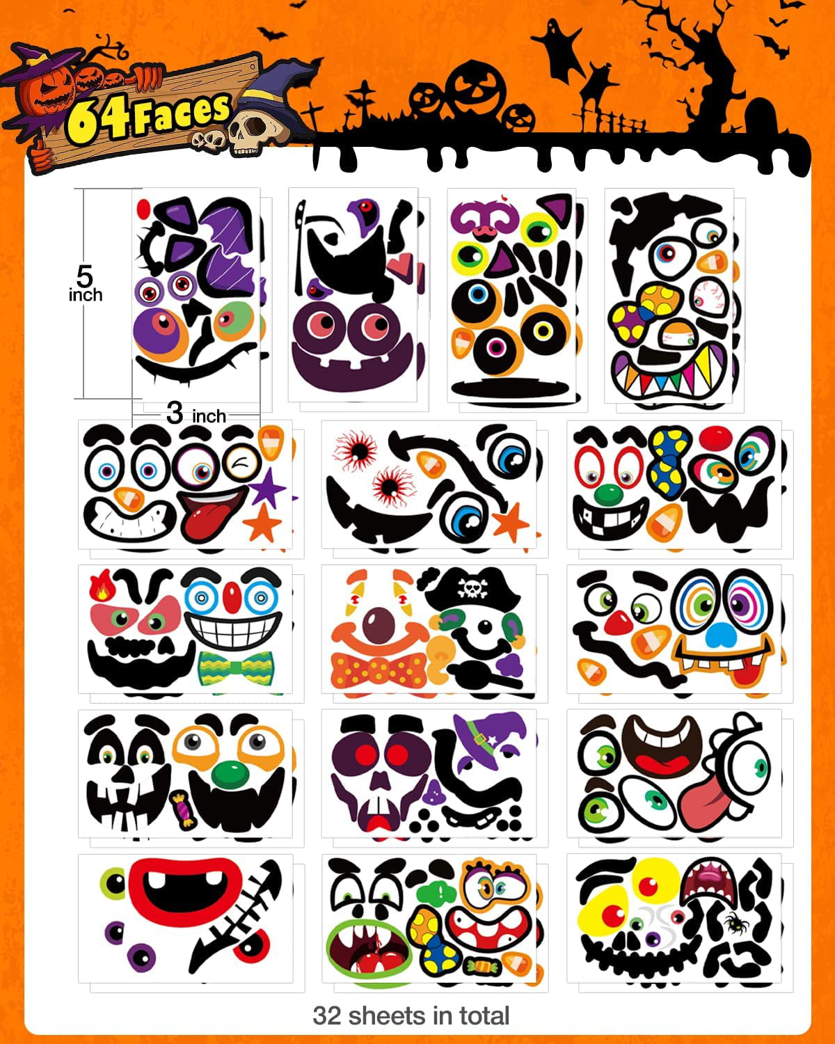 Ayieyill 64 Packs Halloween Stickers Pumpkin Decorating Stickers, 32 Sheet Small Pumpkin Face Stickers