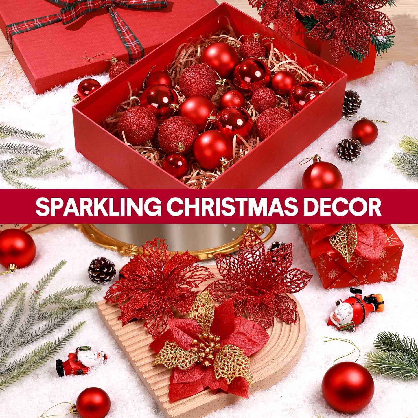 Ayieyill 92Pcs Christmas Tree Decorations Includes Poinsettia Christmas Flowers, Ball Ornaments, Artificial Glitter Berry Stems, Snowflake and Icicle Drop Crystal Ornaments