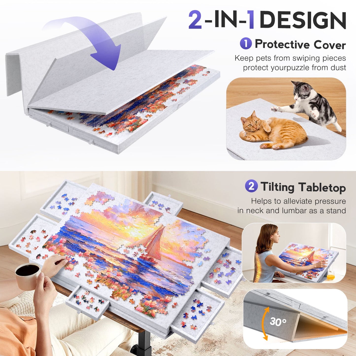 Ayieyill 1000 Piece Rotating Puzzle Board with Drawers and Cover,21"x31"Portable Felt Jigsaw Puzzle Table for Adults Portable,Lazy Susan Spinning Puzzle Boards Birthday Gift for Mom