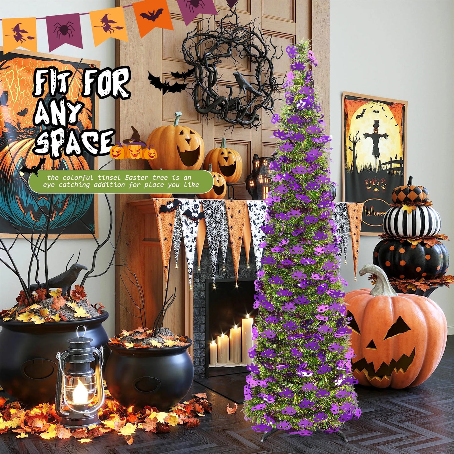 Ayieyill 5ft Halloween Tree Prelit, Pencil Pop up Tree with Light Halloween Decoration | Indoor