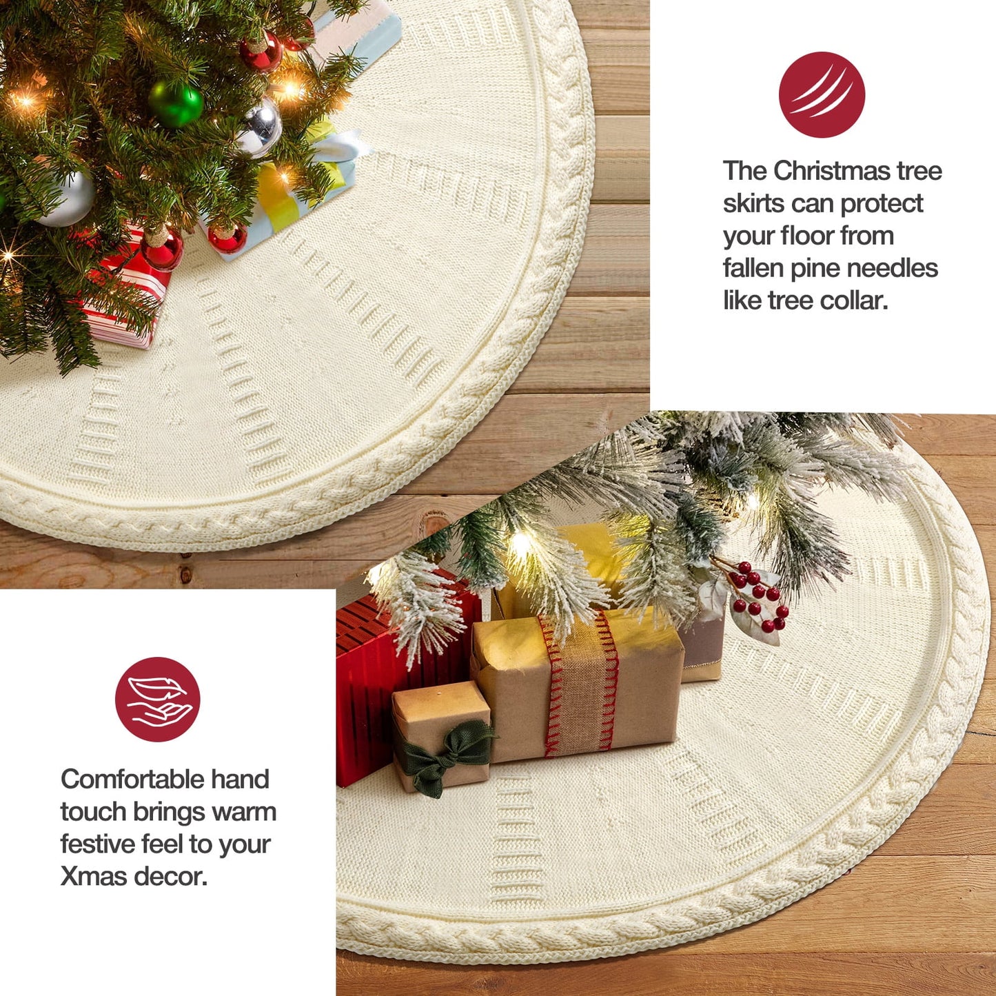 Ayieyill Christmas Tree Skirt, 48 inches White Tree Skirt Luxury Cable Knit Knitted Thick Rustic Xmas Tree Skirt Christmas Decoration, Cream
