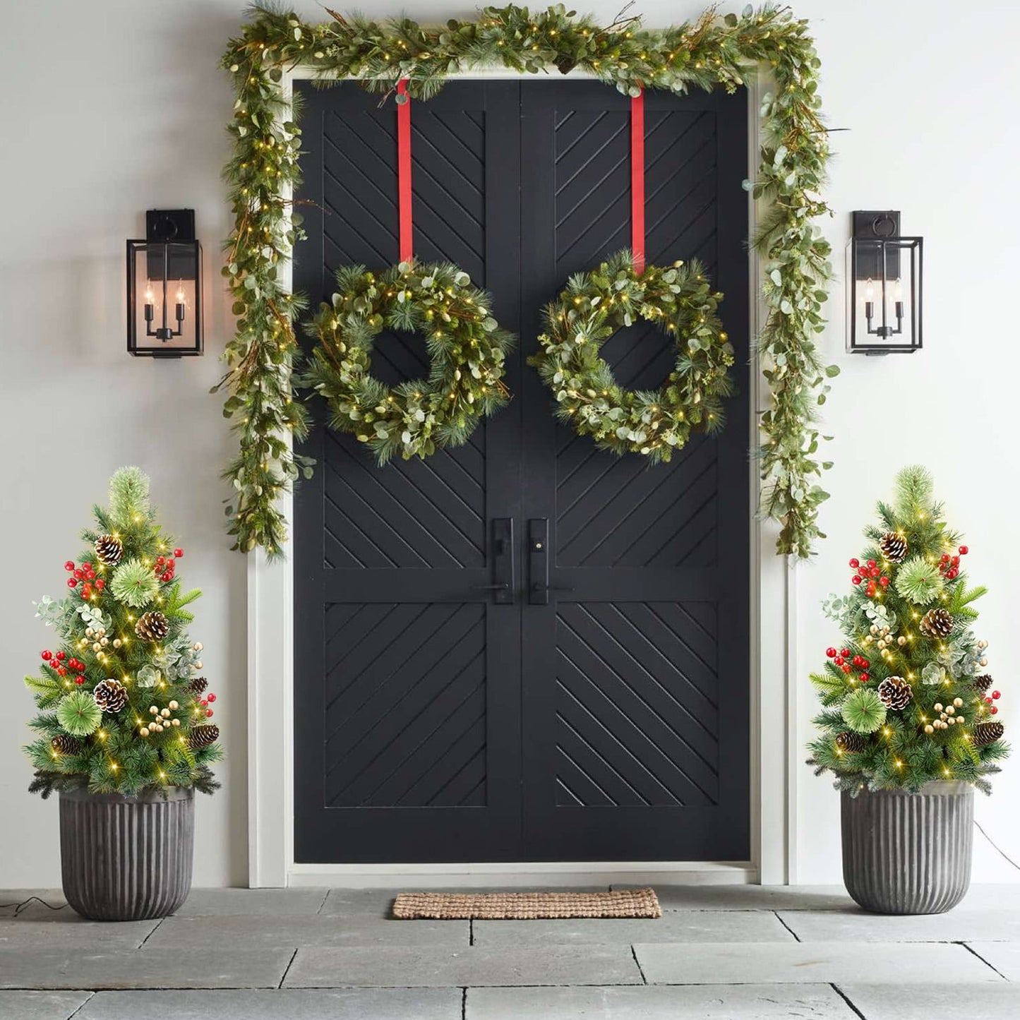 Ayieyill  Set of 2 29in Outdoor Pathway Christmas Trees,  Holiday Decor for Driveway, Yard, Garden w/LED Lights, Berries, Pine Cones, Ornaments