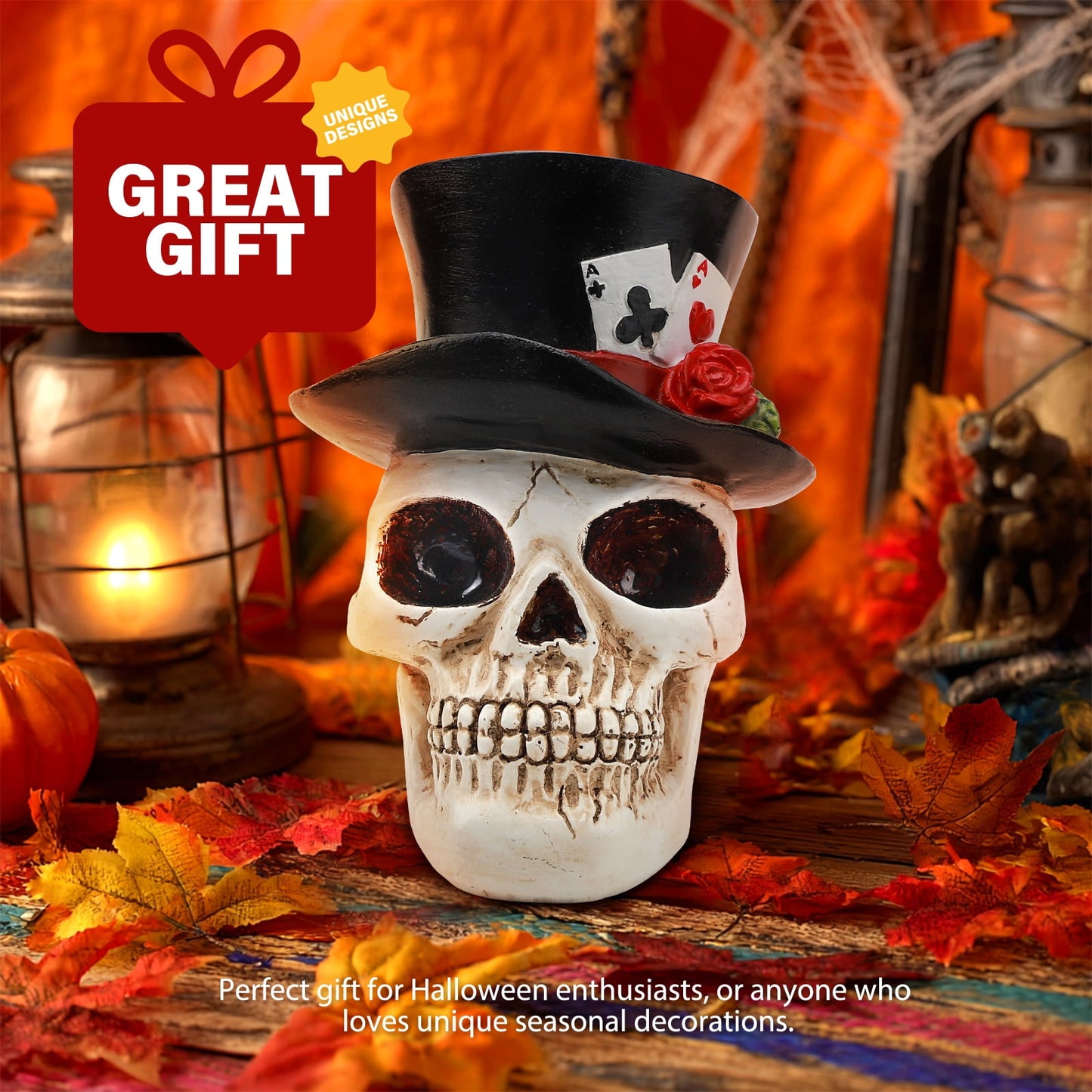 Ayieyill Halloween Skull Decorations Indoor, Gothic Decor Skull  with Top Hat Rose and Playing Cards, Resin Skull Head Decor