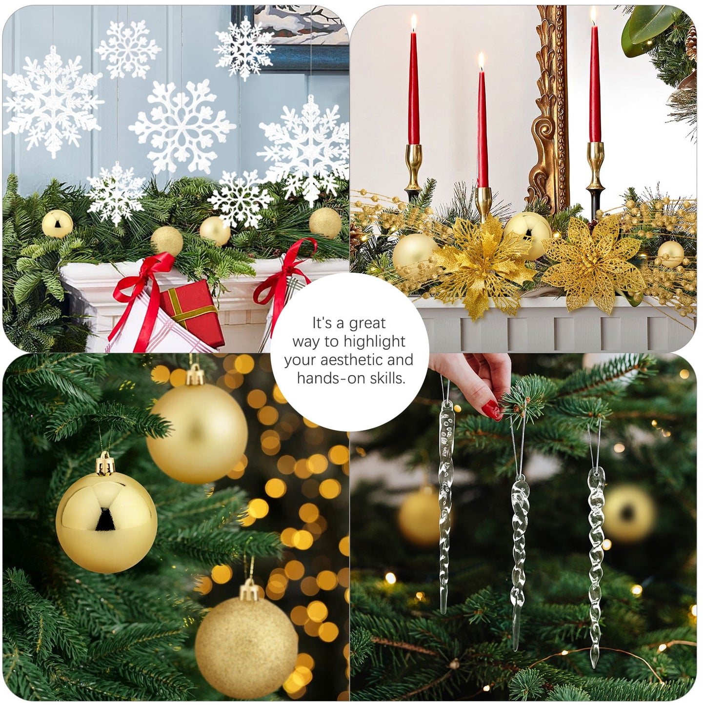 Ayieyill 92Pcs Christmas Tree Decorations Includes Poinsettia Christmas Flowers, Ball Ornaments, Artificial Glitter Berry Stems, Snowflake and Icicle Drop Crystal Ornaments